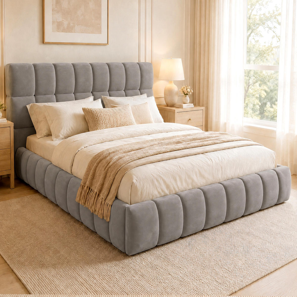 POLSTERBETT 140/200 cm in Grau mit Samtbezug und eingelassener Matratze - Grau, Holzwerkstoff/Textil (140/200cm) - WISHDOR