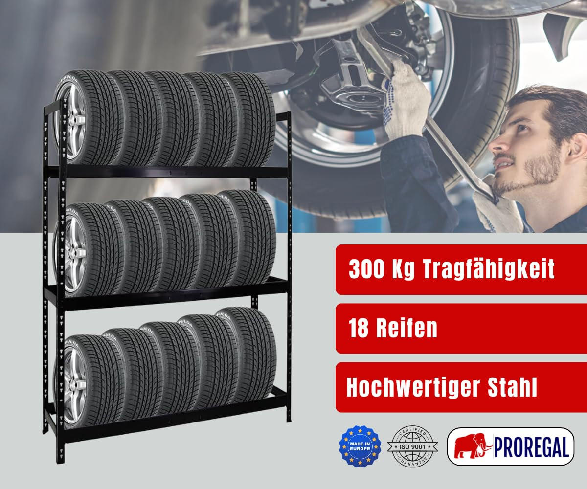 REIFENREGAL Tiger XL 200x150x45 cm 300 kg Fachlast bis zu 18 Reifen auf 3 Ebenen Schwarz - Schwarz, Metall (150/200/45cm) - PROREGAL