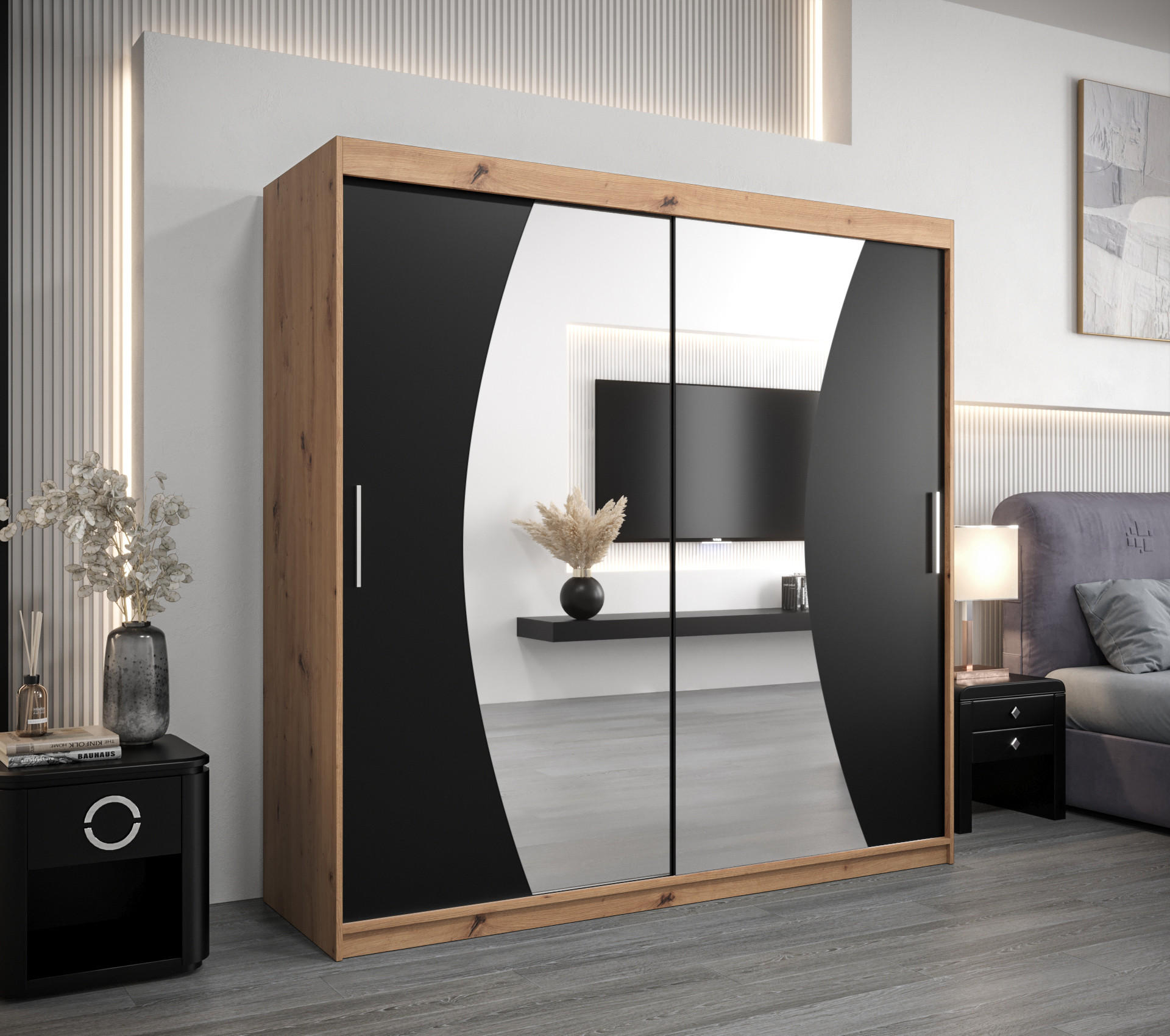 SCHWEBETÜRENSCHRANK 200/200/62 2-türig - Silberfarben/Schwarz, Holz/Kunststoff (200/200/62cm) - Abiks Möbel