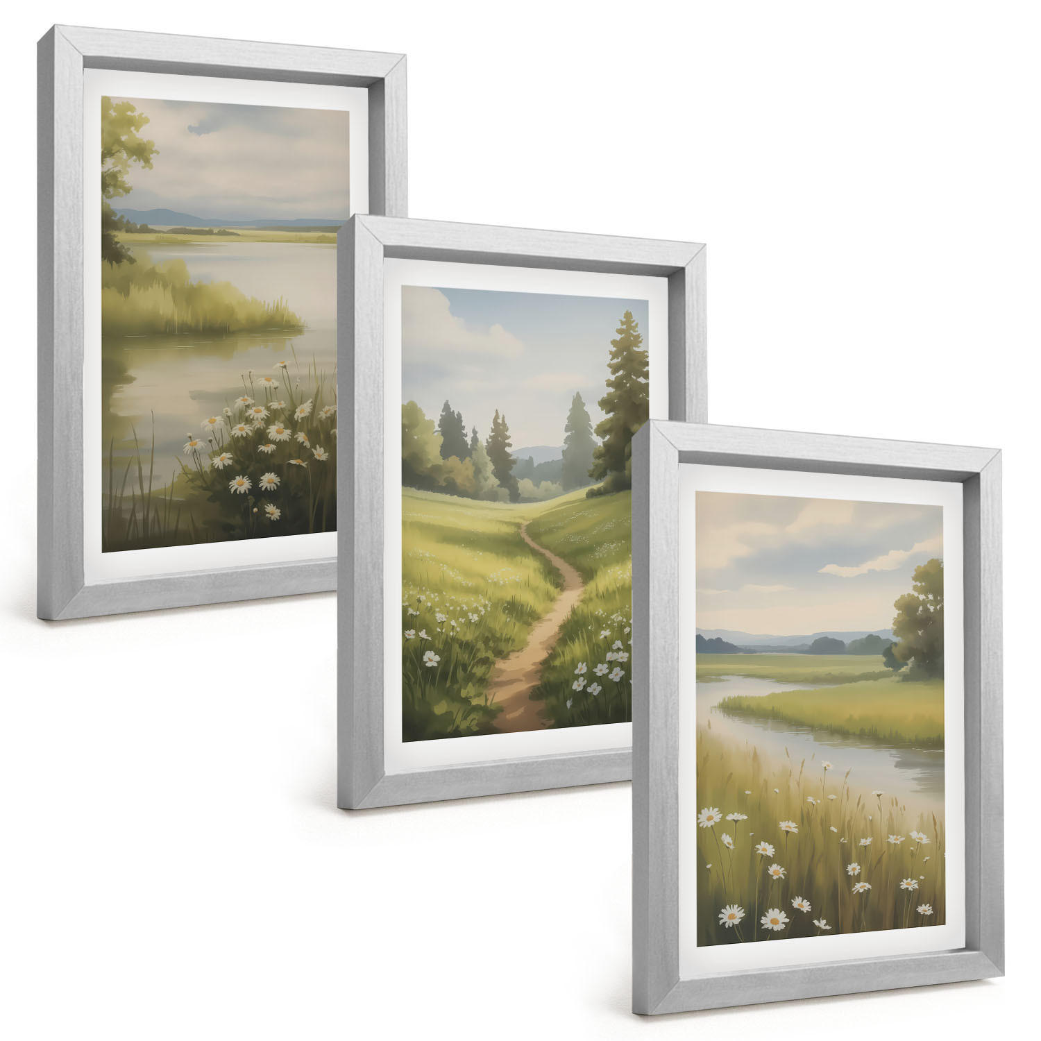 BILDER SET 3er Set - 20x30 cm Silberner Rahmen - Frühlingslandschaft Flusswiese - Silberfarben, Kunststoff (20/30cm) - TULUP