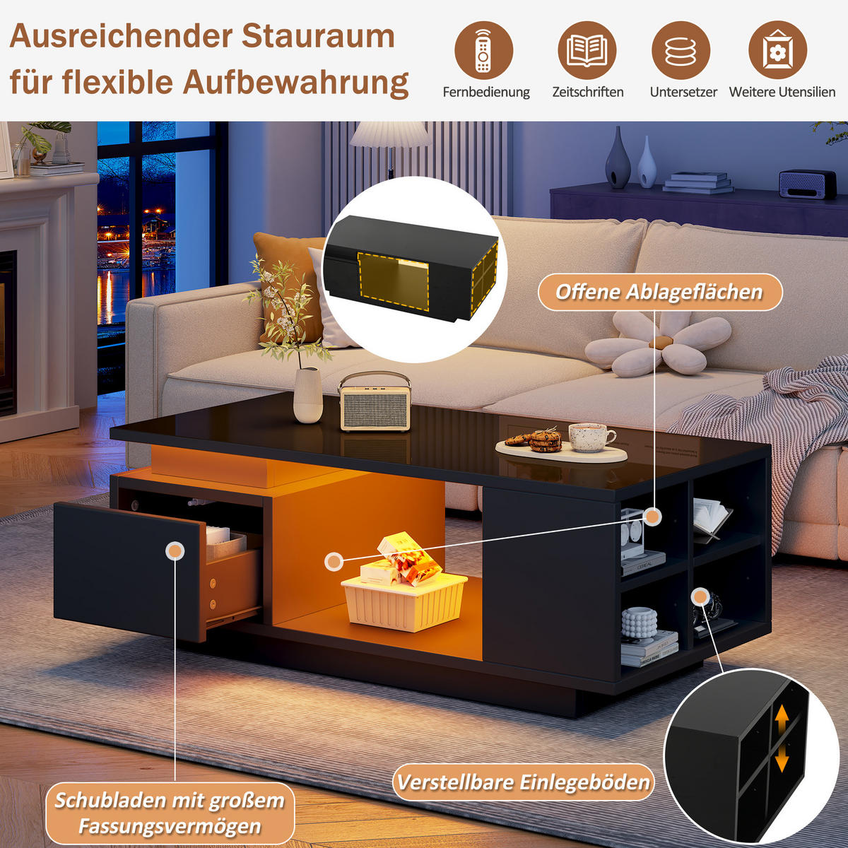 COUCHTISCH aus Spanplatte 100x50x36 cm Schwarz mit LED-Beleuchtung, Schublade und Ablagefächern - Schwarz, Holzwerkstoff (100/50/36cm) - IVMEU