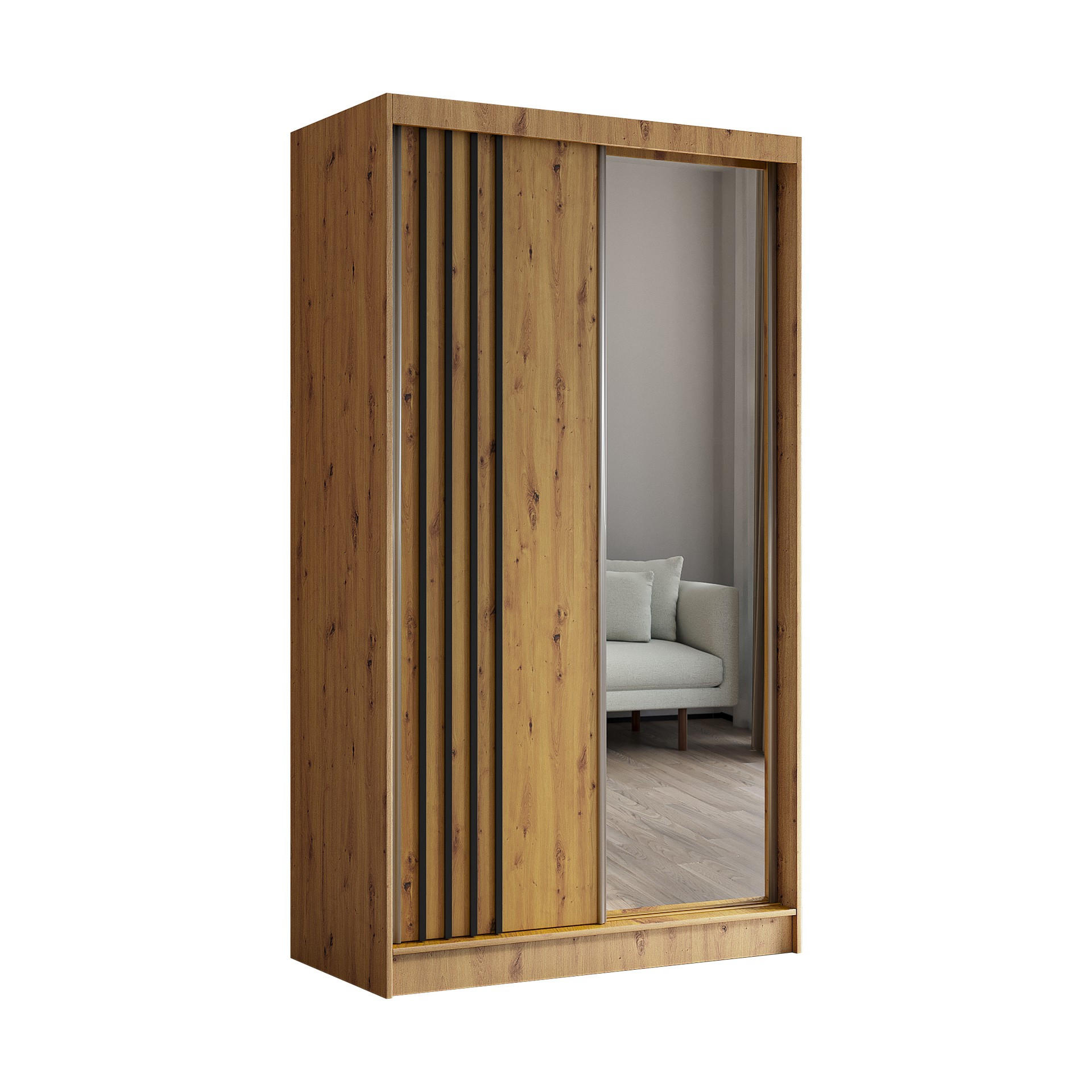 SCHWEBETÜRENSCHRANK Neli 120 cm mit Lamellen und Spiegel 2-türig, Artisan, Artisan, Lamelle schwarz - Schwarz/Braun, Kunststoff (120/216/61cm) - Margaret Hadas24