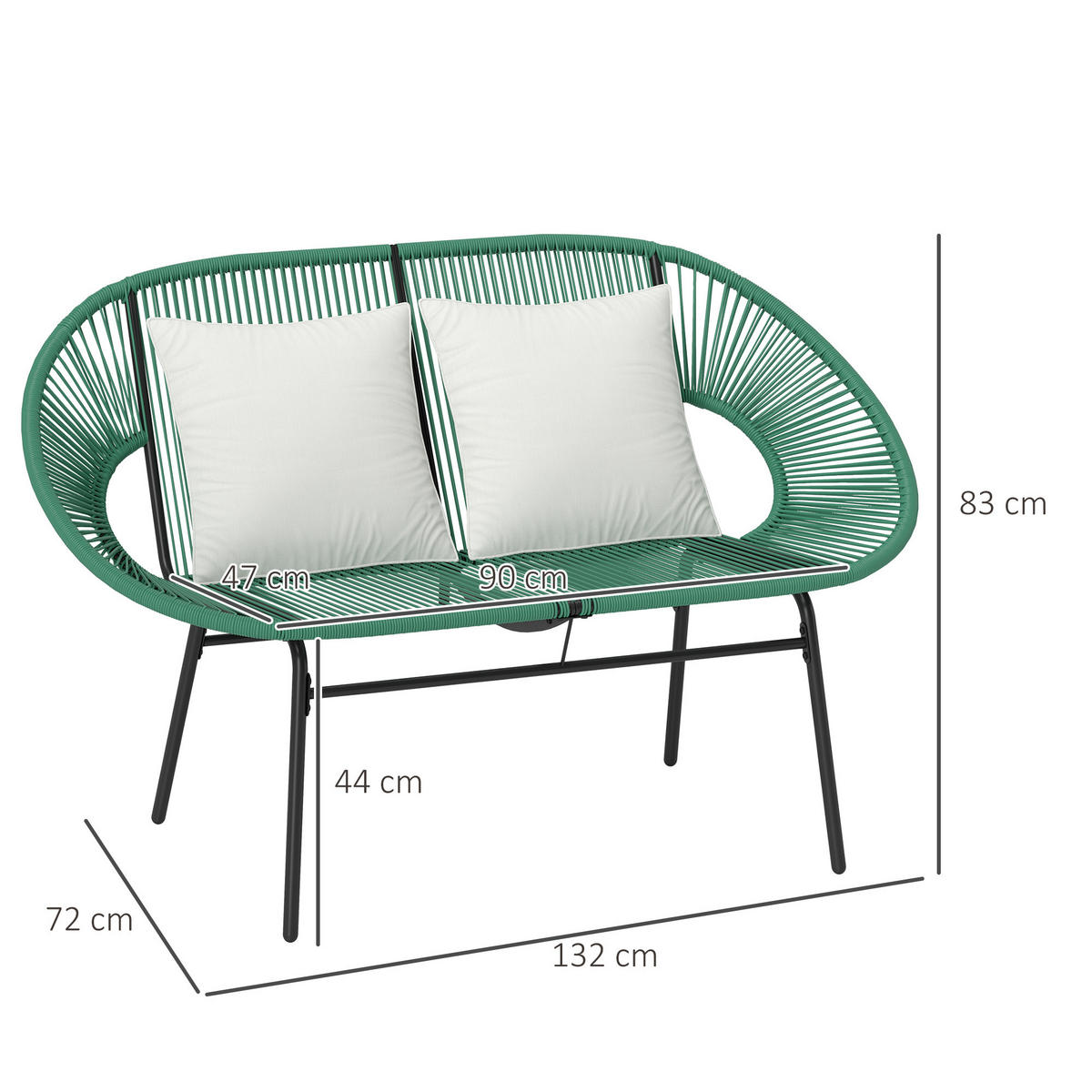 GARTENBANK 2-Sitzer DE-13604 2-Sitzer mit Seilgeflecht, 2 Kissen Dunkelgrün - Dunkelgrün, Metall (132/83/72cm) - ComfortXL