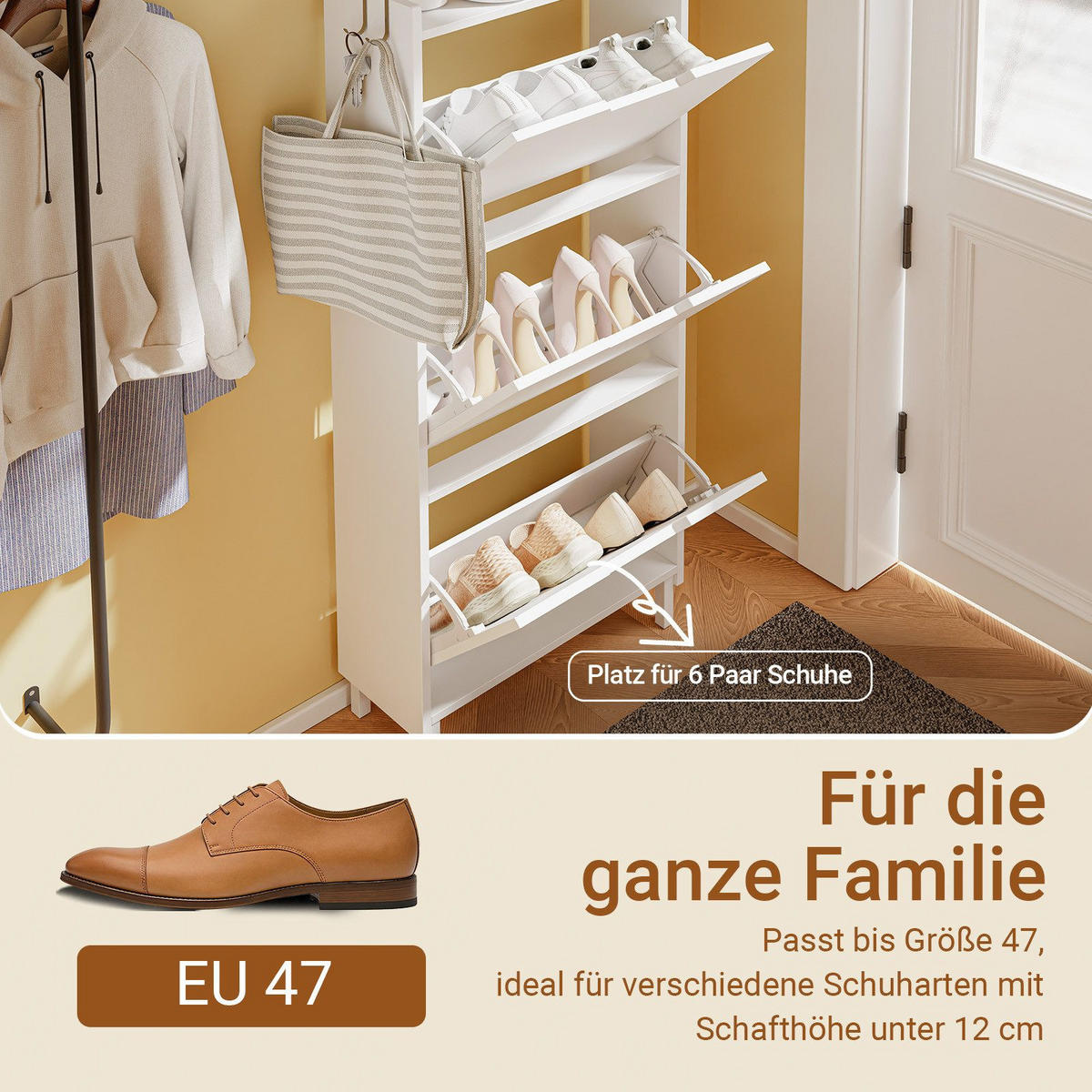 SCHUHSCHRANK mit 3 Klappen und Sensorlicht Weiß 50x19x131cm - Weiß, Holzwerkstoff (19/131/50cm) - SoBuy