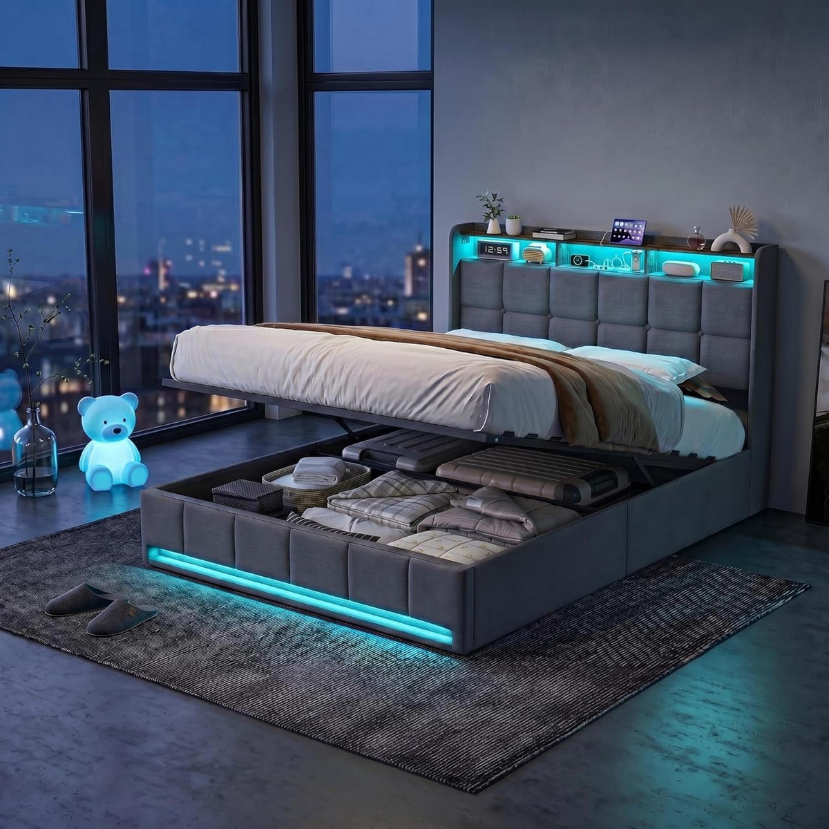 POLSTERBETT 140/200 cm, Doppelbett Leinen mit RGB-LED und Ladestation Grau - Grau, Holz/Textil (140/200cm) - PARAFTA HOME