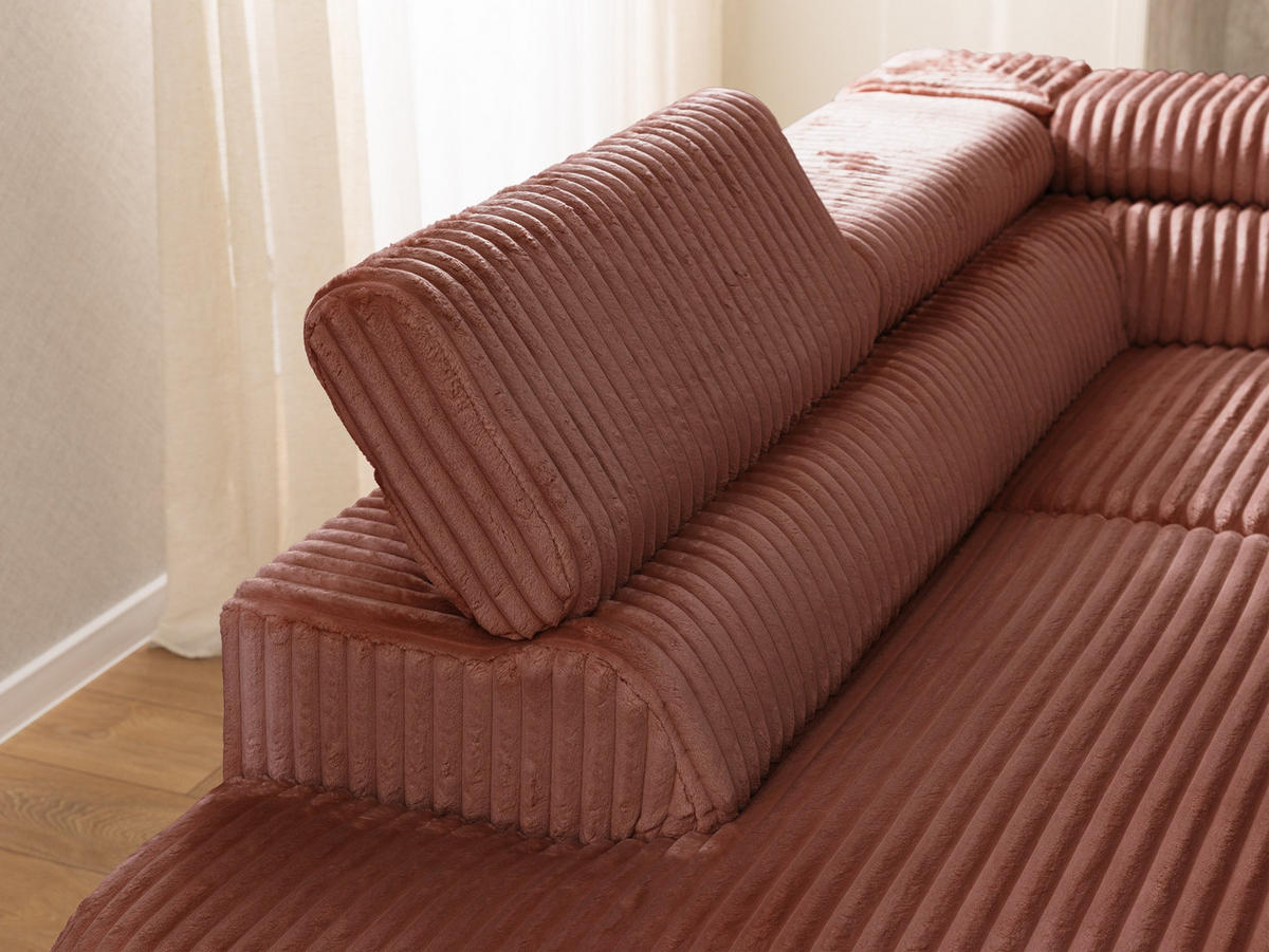 ECKSOFA mit Schlaffunktion und Bettkasten Bonnie aus Terrakotta Cord-Stoff mit verstellbaren Kopfstützen und Armlehne - Ottomane links - Terracotta/Schwarz, Holz/Textil (275/210cm) - S-Style Möbel