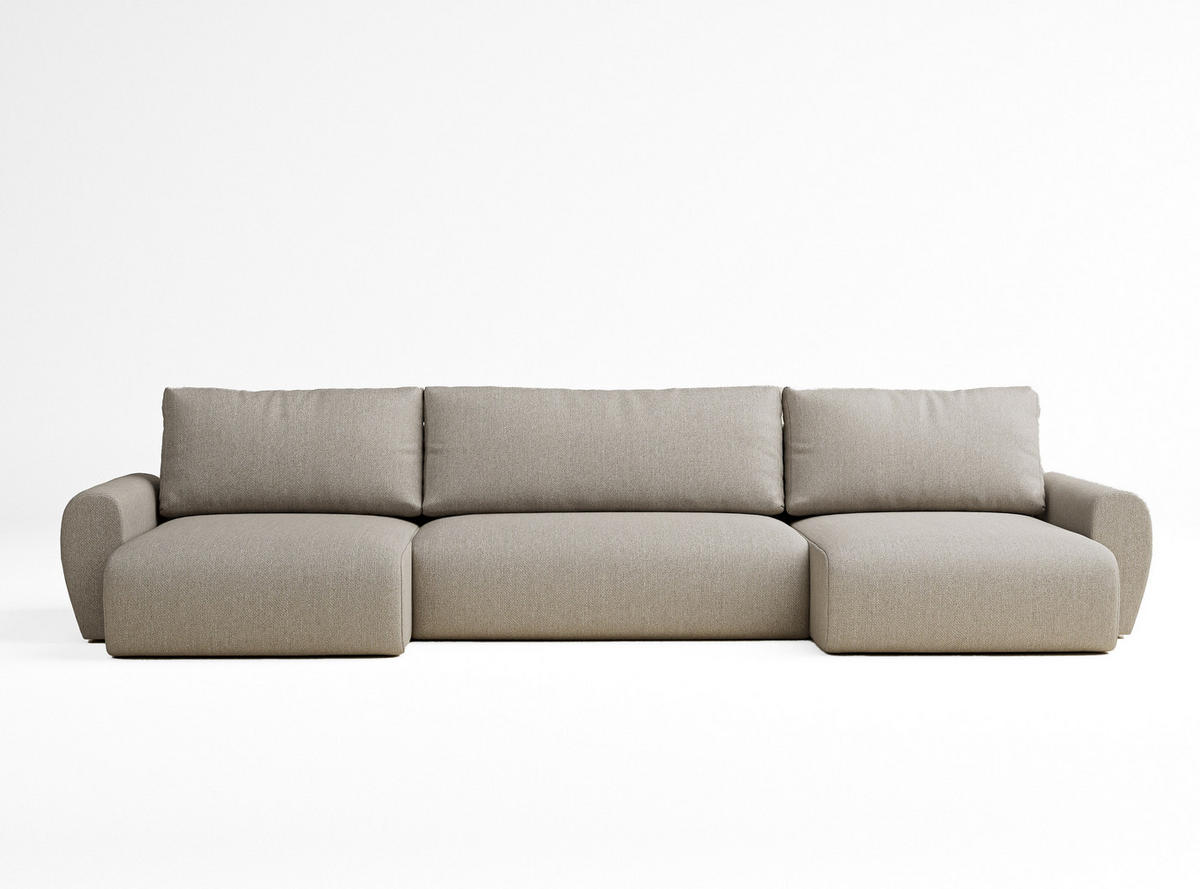 WOHNLANDSCHAFT MIT SCHLAFFUNKTION Numba Beige Webstoff - Beige/Schwarz, Holz/Holzwerkstoff (397/70/153cm) - Maison de Reve