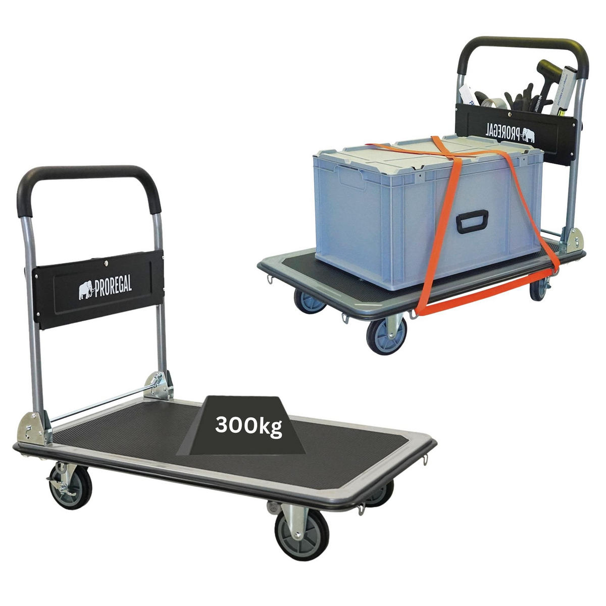 PLATTFORMWAGEN Transportwagen Rhino 300kg klappbar mit Gummiräder & Werkzeugtasche - Schwarz, Metall (90/60/85cm) - PROREGAL