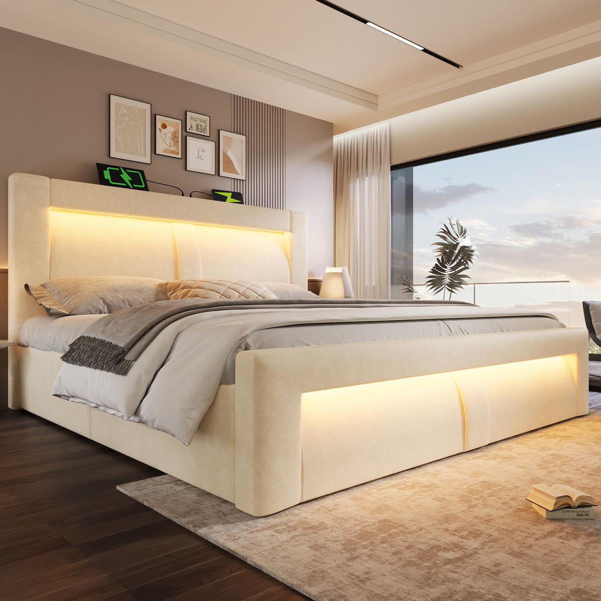 BETT mit Stauraum 160x200 cm Samt Beige inkl. Matratze - Beige, Metall (160/200cm) - Meubliv