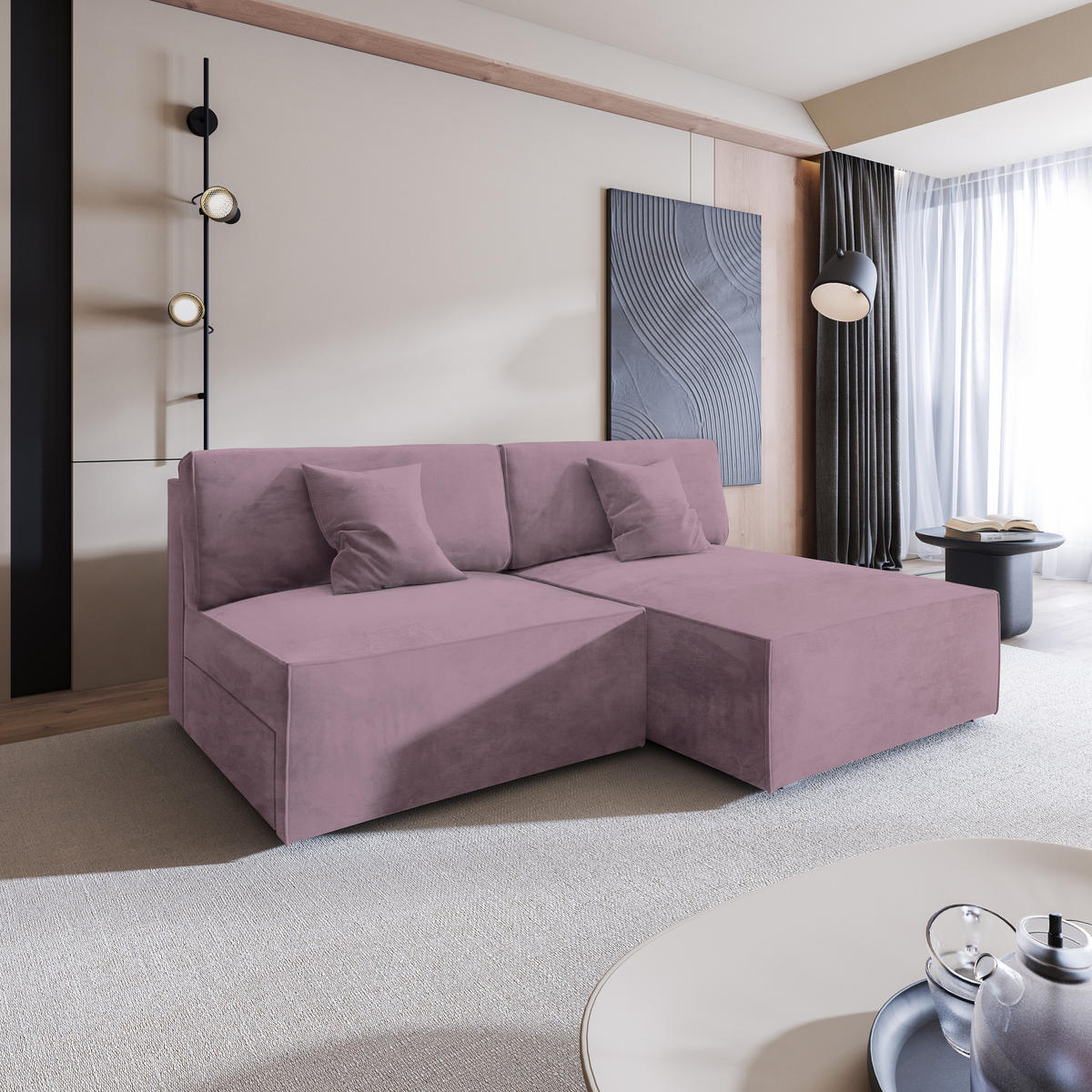 ECKSOFA FIORO M Lila Velours-Stoff mit Schlaffunktion - Lila, Holz (204/148cm) - MASSENO