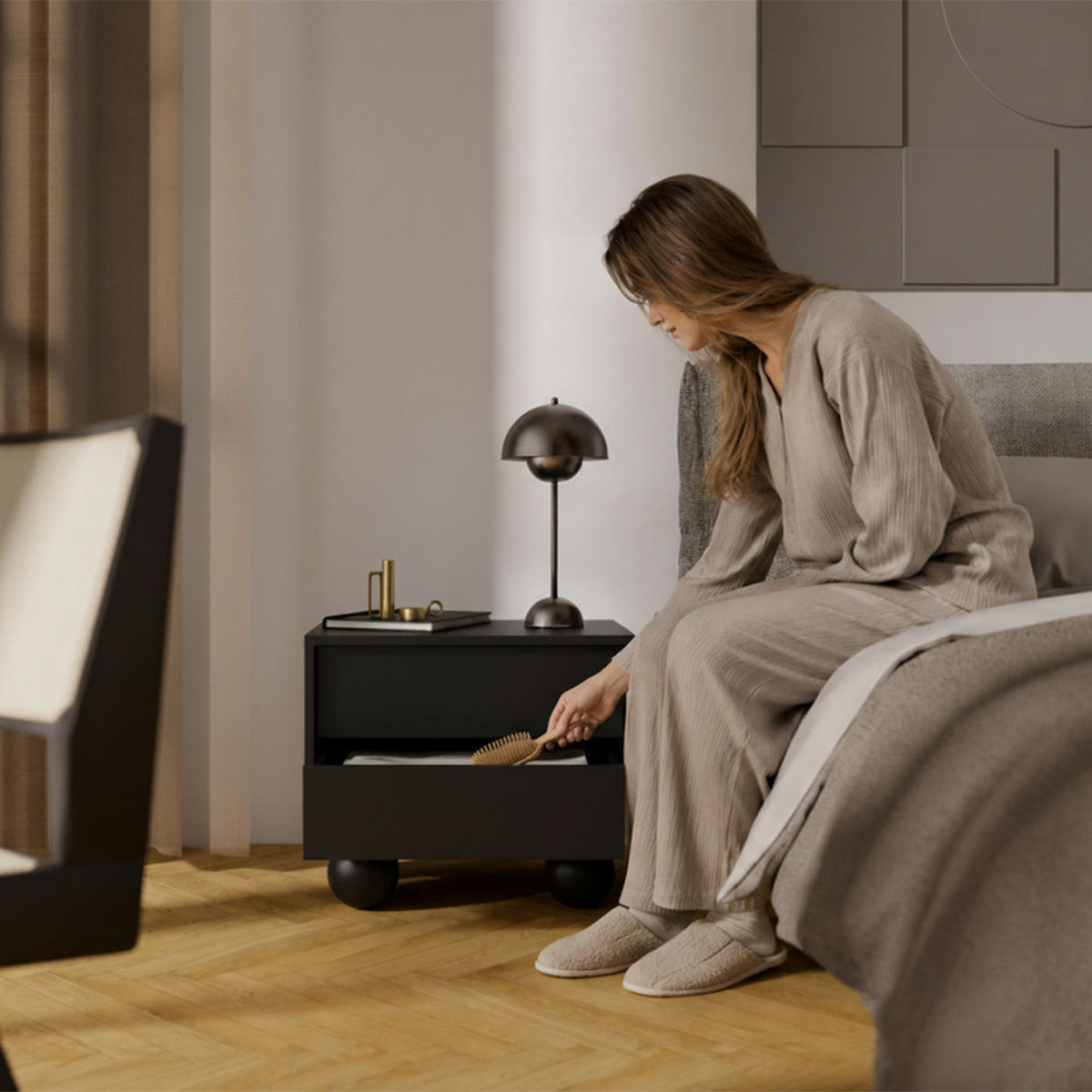 NACHTTISCH Adel mit 2 Schubladen und runden Füßen, 54 cm, Griffloss, Schwarz - Schwarz, Holzwerkstoff (54/35/38cm) - Beautysofa