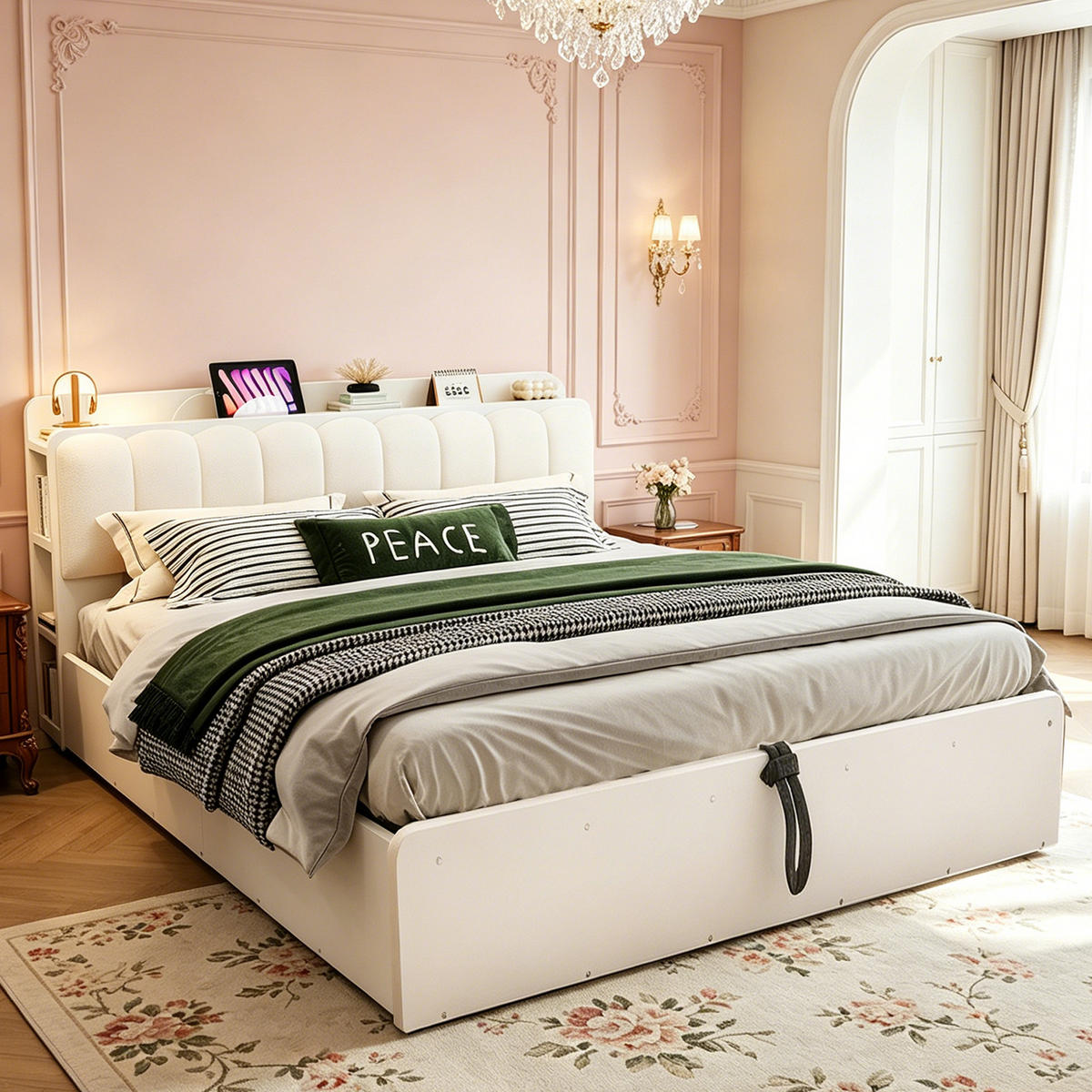 BETT 180/200 cm in Weiß mit Bettkasten, USB, Steckdose und Ablage - Weiß, Holzwerkstoff/Textil (180/200cm) - STILVORA