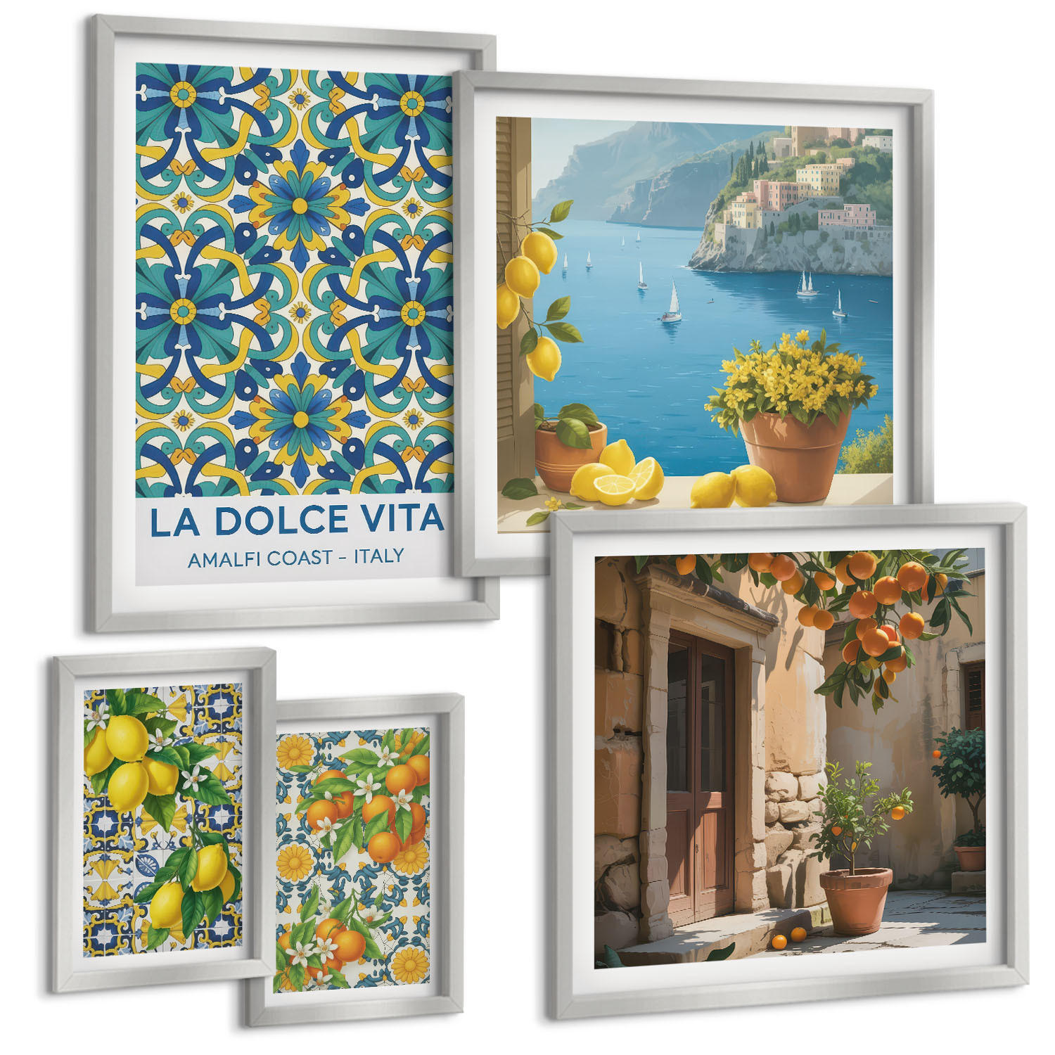 BILDER SET 5er Set - 50x50 cm & 20x30 cm & 40x60 cm Silberner Rahmen - Farbenfrohe abstrakte Zitrusfrüchte - Silberfarben, Kunststoff (40/60cm) - TULUP