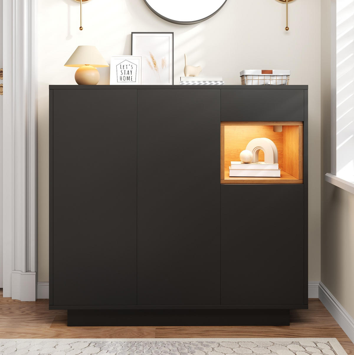 SCHUHSCHRANK aus Spanplatte 105x39,5x100,5cm in Schwarz mit LED-Beleuchtung - Schwarz, Holzwerkstoff (105/100.5/39.5cm) - Modfu