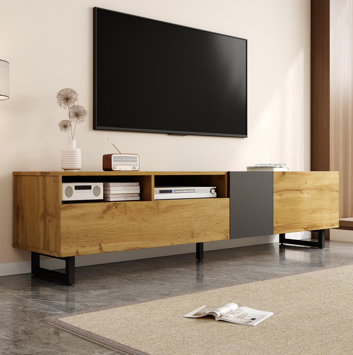 COLORBLOCK-TV-SCHRANK mit Klapptür und offenen Fächern, Holzfarbe und Dunkelgrau 170/36.5/42 cm - Eichefarben/Schwarz, Holzwerkstoff/Metall (170/42/36.5cm) - Redom