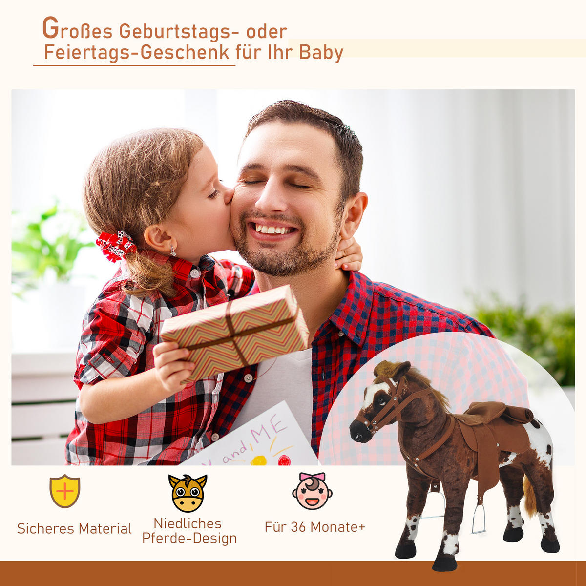 KINDER SCHAUKELTIER, Braun+Weiß, Plüsch+ Metall - Braun, Metall (28/60/85cm) - HOMCOM