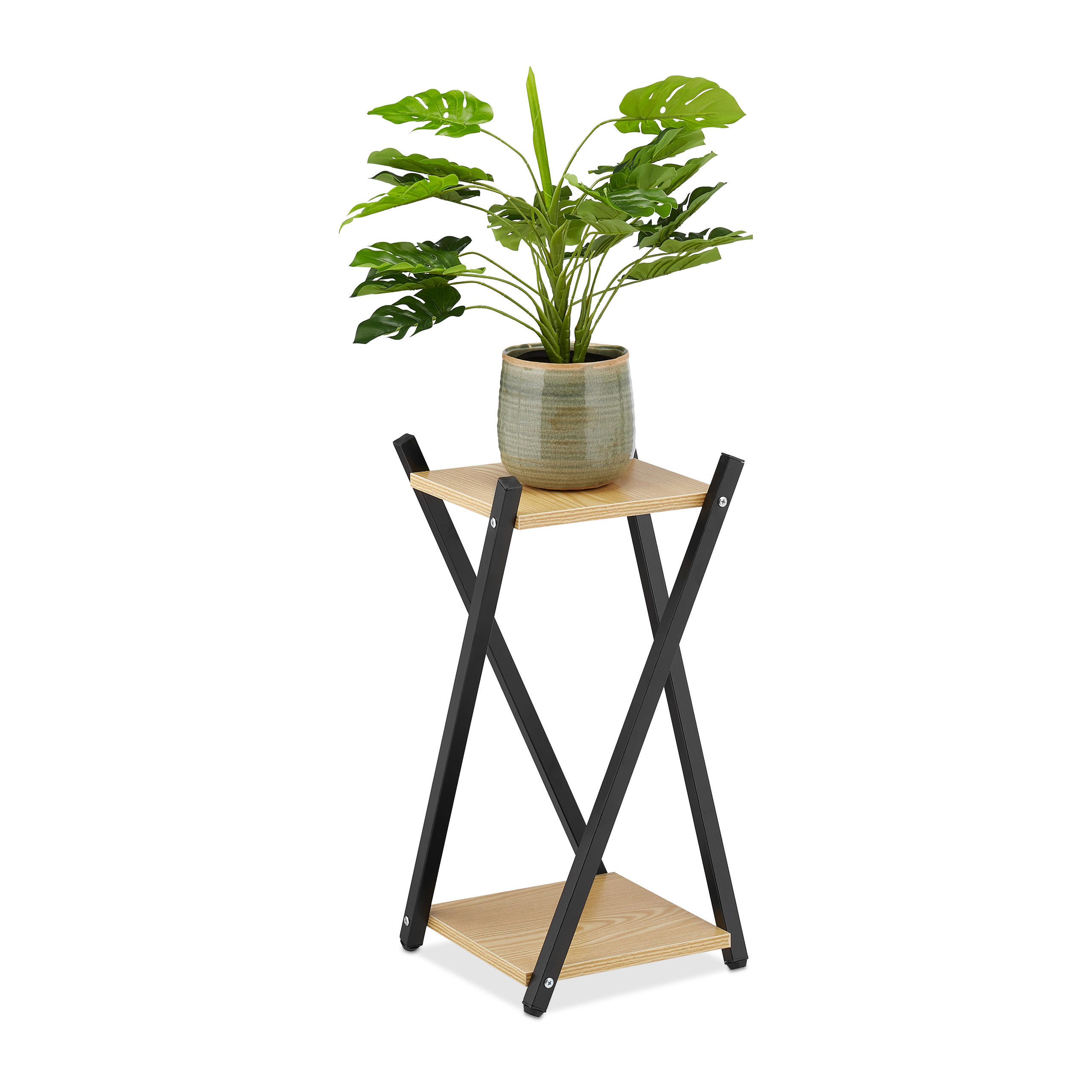 BLUMENSTÄNDER - Hellbraun/Schwarz, Holzwerkstoff/Metall (29/57/29cm) - Relaxdays