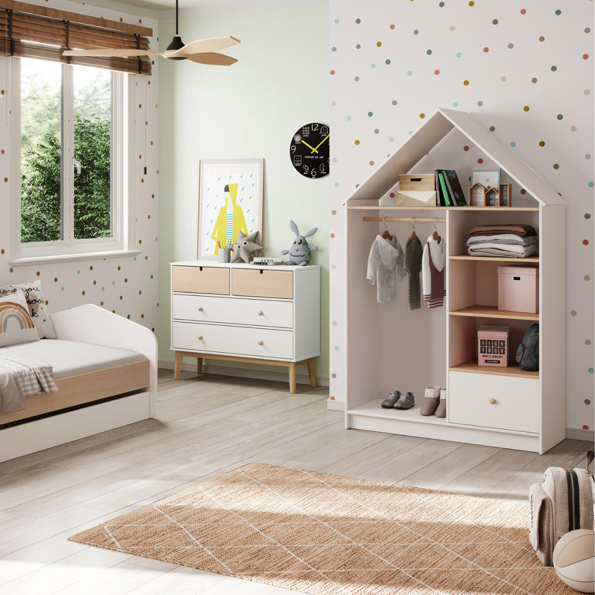 KLEIDERSCHRANK mit 3 Nischen, 1 Schublade und 1 Kleiderstange H180 cm 45/110/180 cm - Weiß, Holz (45/180/110cm) - Calicosy