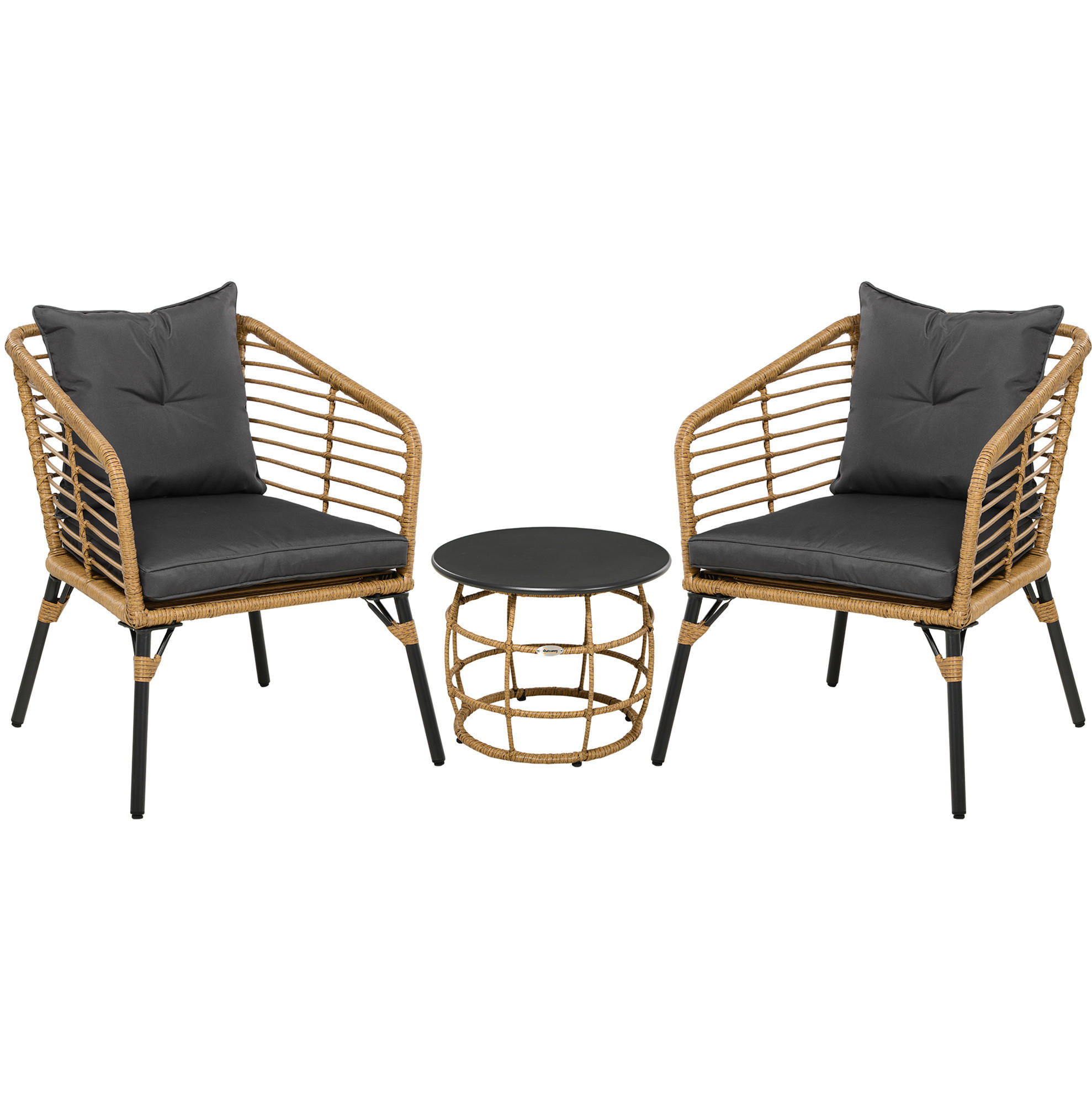 BISTRO-SET 62/65/78 cm mit 2 Sesseln, Couchtisch, Kissen und Stahlgestell, Sand - Grau, Metall - Redom