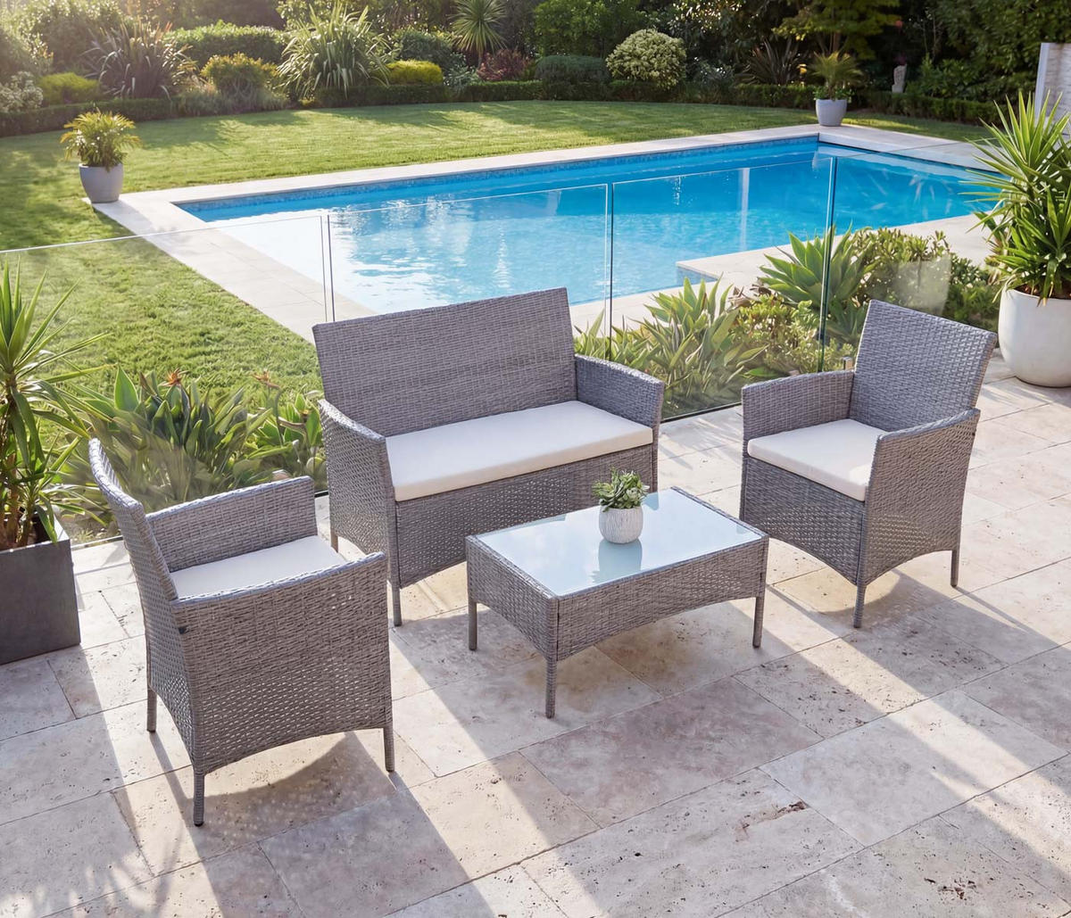 POLY-RATTAN GARTEN-GARNITUR Grau - Weiß/Grau, Kunststoff - MCW