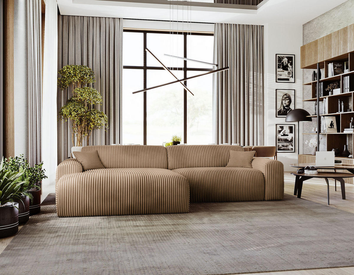 ECKSOFA mit Longchair - Cord - Hellbraun/Schwarz, Kunststoff/Textil (284/178cm) - home24