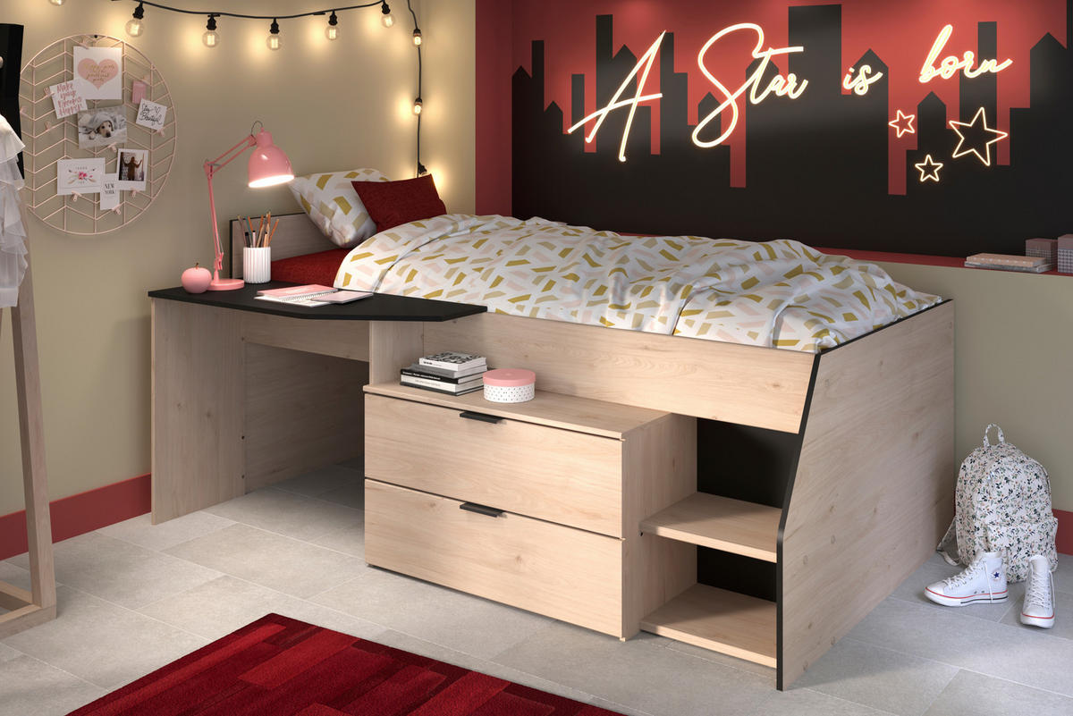 HOCHBETT Milky 2 in Schwarz- Jackson Eiche 90 x 200 cm mit Lattenrost und Matratze - Eichefarben/Schwarz, Holz (90/200cm) - Parisot Meuble