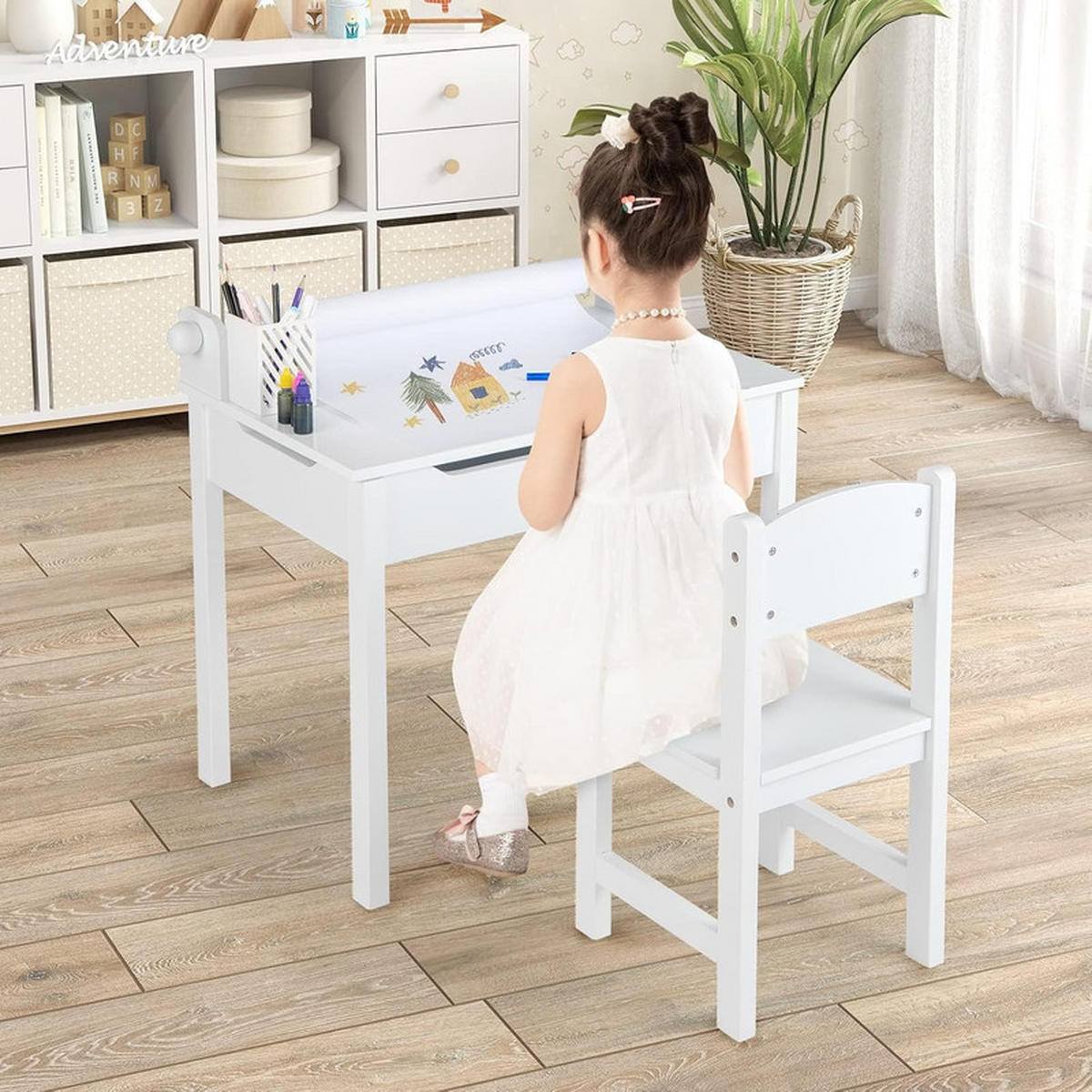 KINDERSCHREIBTISCH mit Stuhl weiß(2-tlg) - Weiß, Holzwerkstoff (66/58/40cm) - COSTWAY