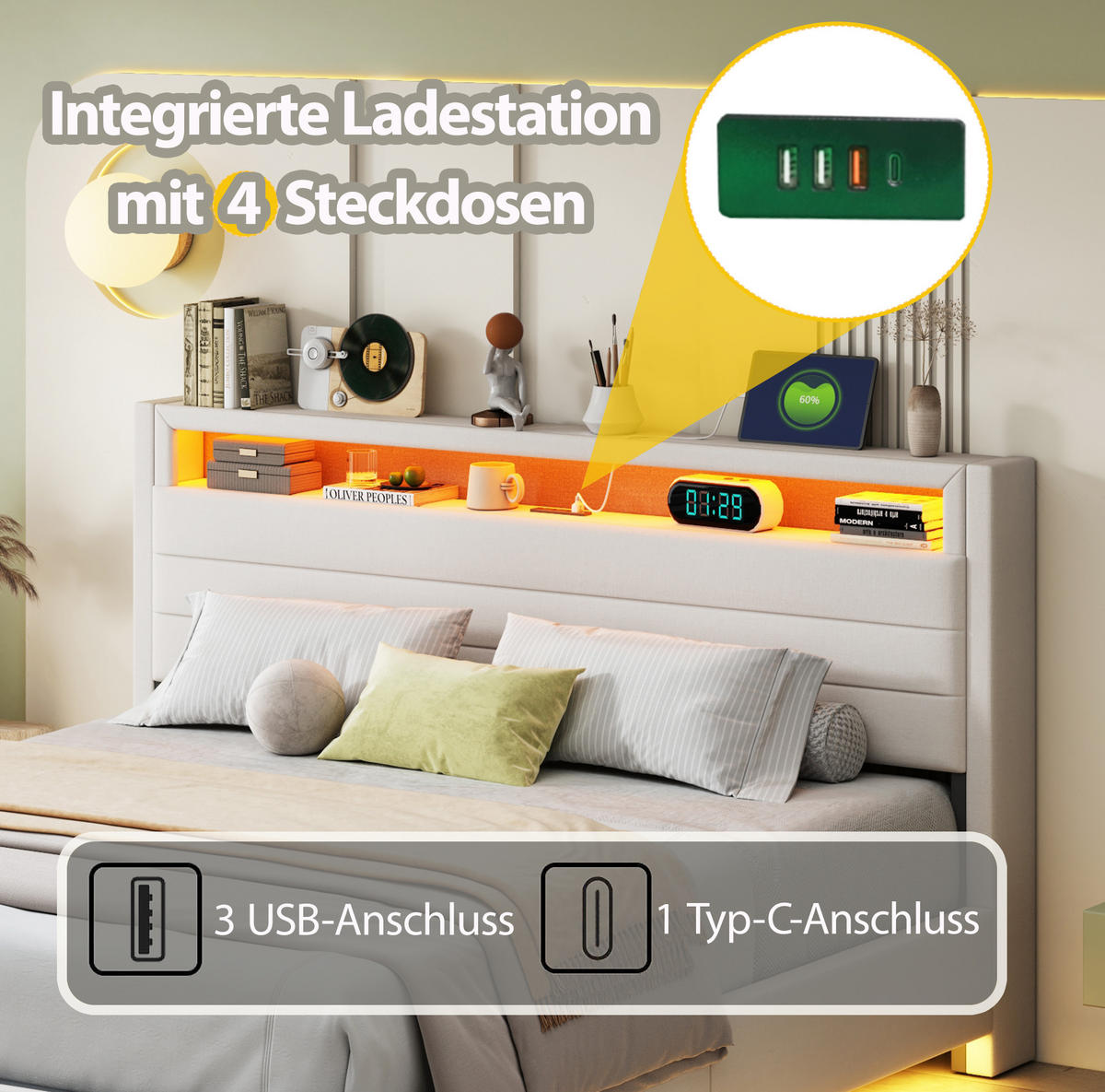ČALÚNENÁ posteľ 160/200 cm s USB portom, LED osvetlením a hydraulickým úložným priestorom, Bežová - béžová, textil (160/200cm) - Redom