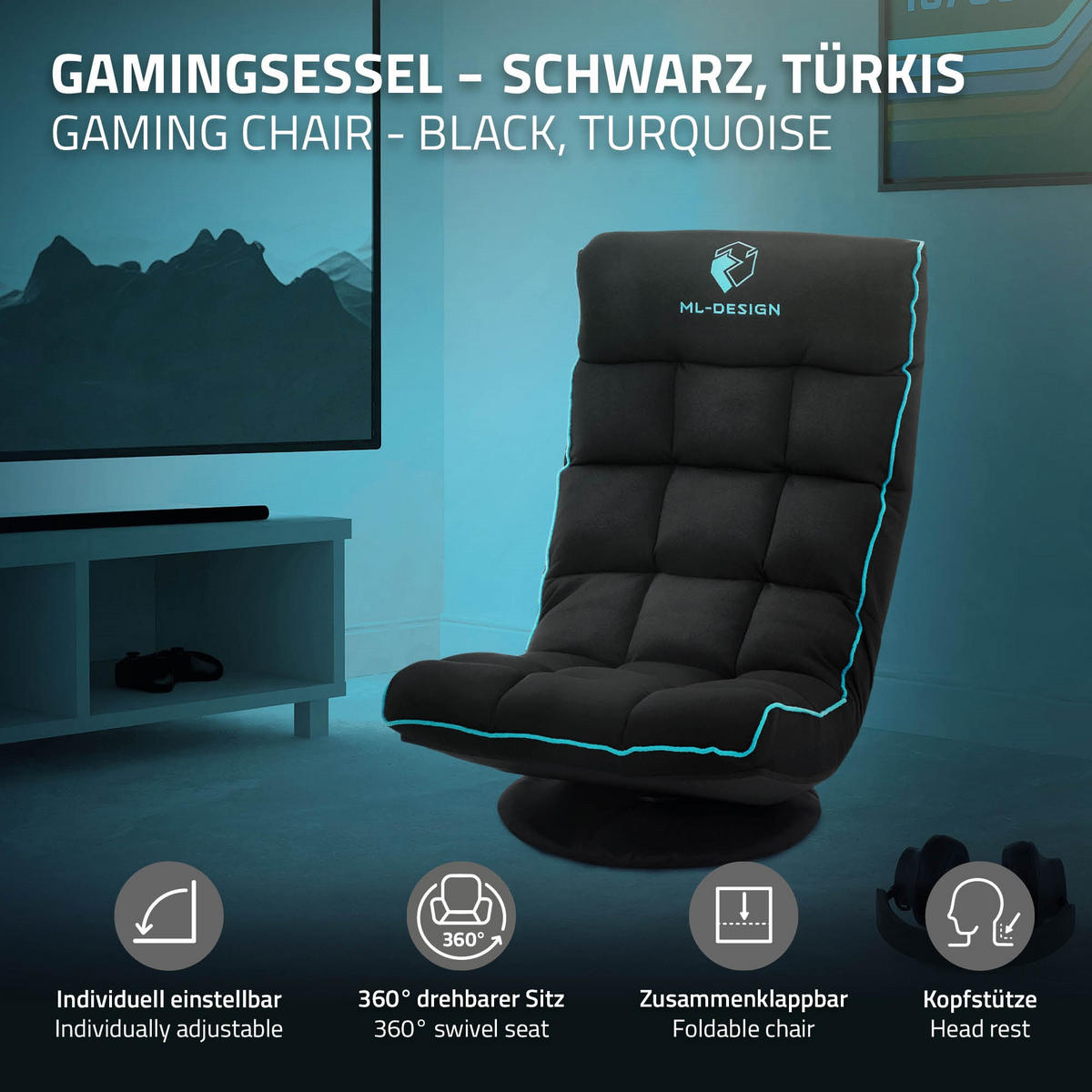 GAMINGOVÁ ŽIDLE NA PODLAHU Černá-tyrkysová látkový potah 360° otočná a nastavitelná - černá/tyrkysová, textil (56/85/92cm) - ML-DESIGN