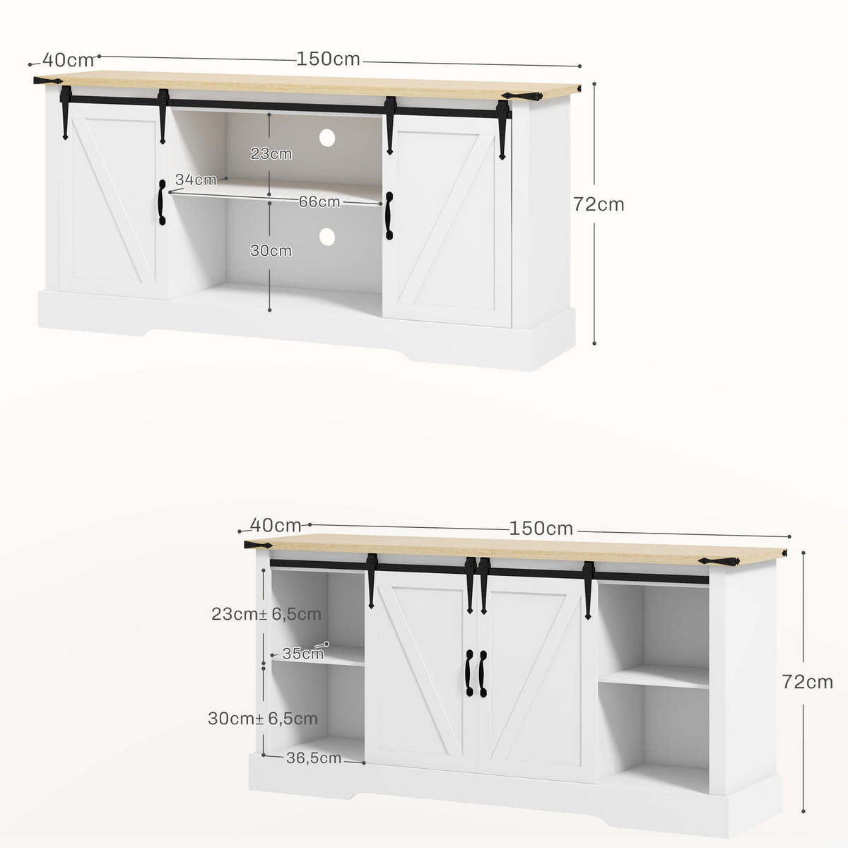 SIDEBOARD Weiß/Eiche-Nachbildung, 2 Schiebetüren, 150/40/72 cm - Weiß, Holz (150/72/40cm) - PANGIVO