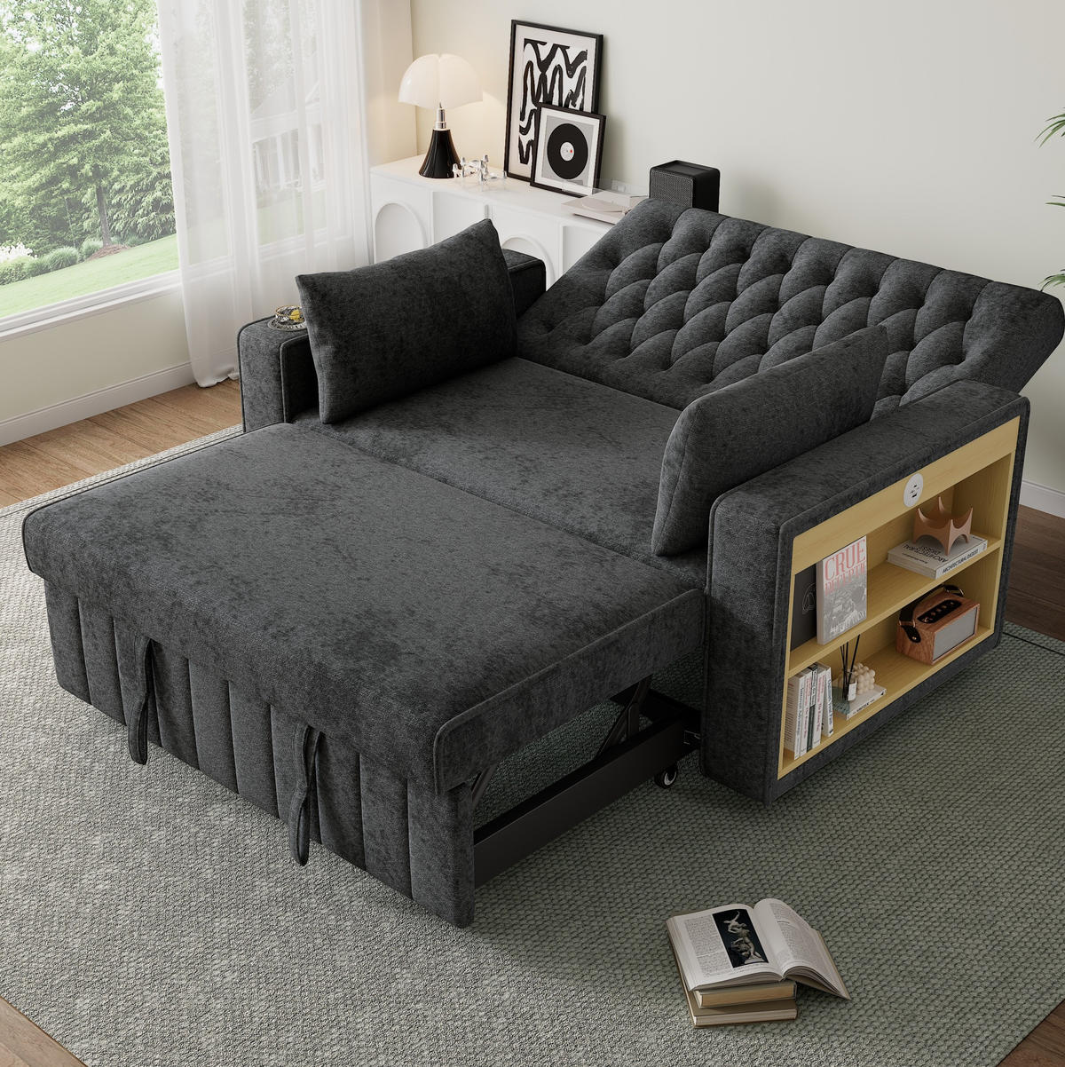 SCHLAFSOFA aus Chenille 140x137x84 cm Grau mit Schlaffunktion, USB-Anschluss, Getränkehalter und verstellbarer Rückenlehne - Grau, Textil (137/84/140cm) - Modfu