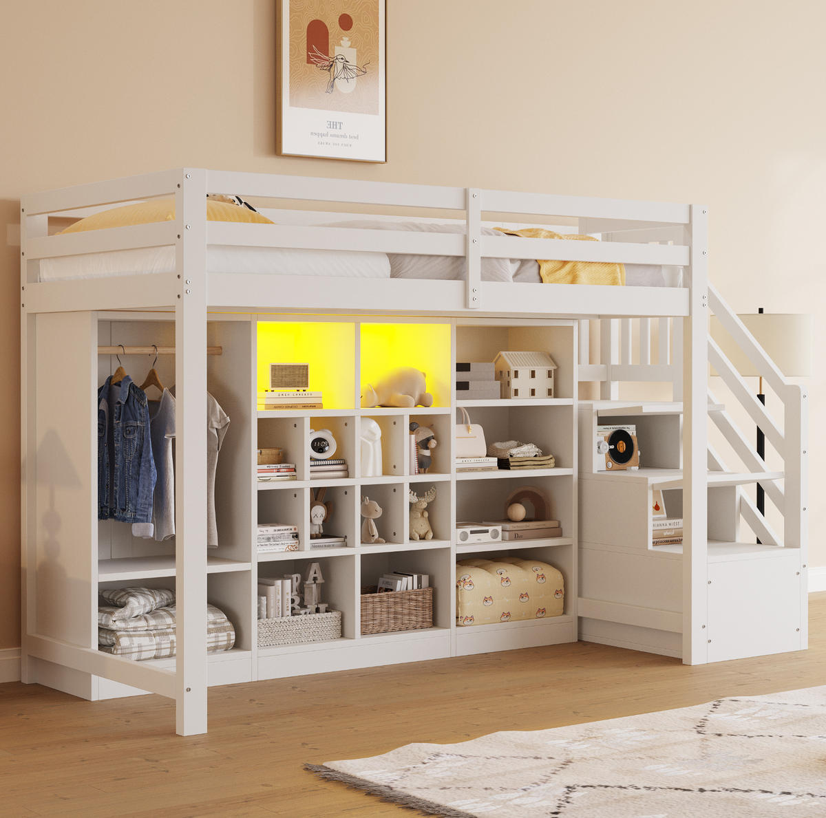 HOCHBETT 90/200 cm aus Holz mit Stauraum, Kleiderschrank und LED-Beleuchtung Weiß - Weiß, Holz (90/200cm) - Modenvie