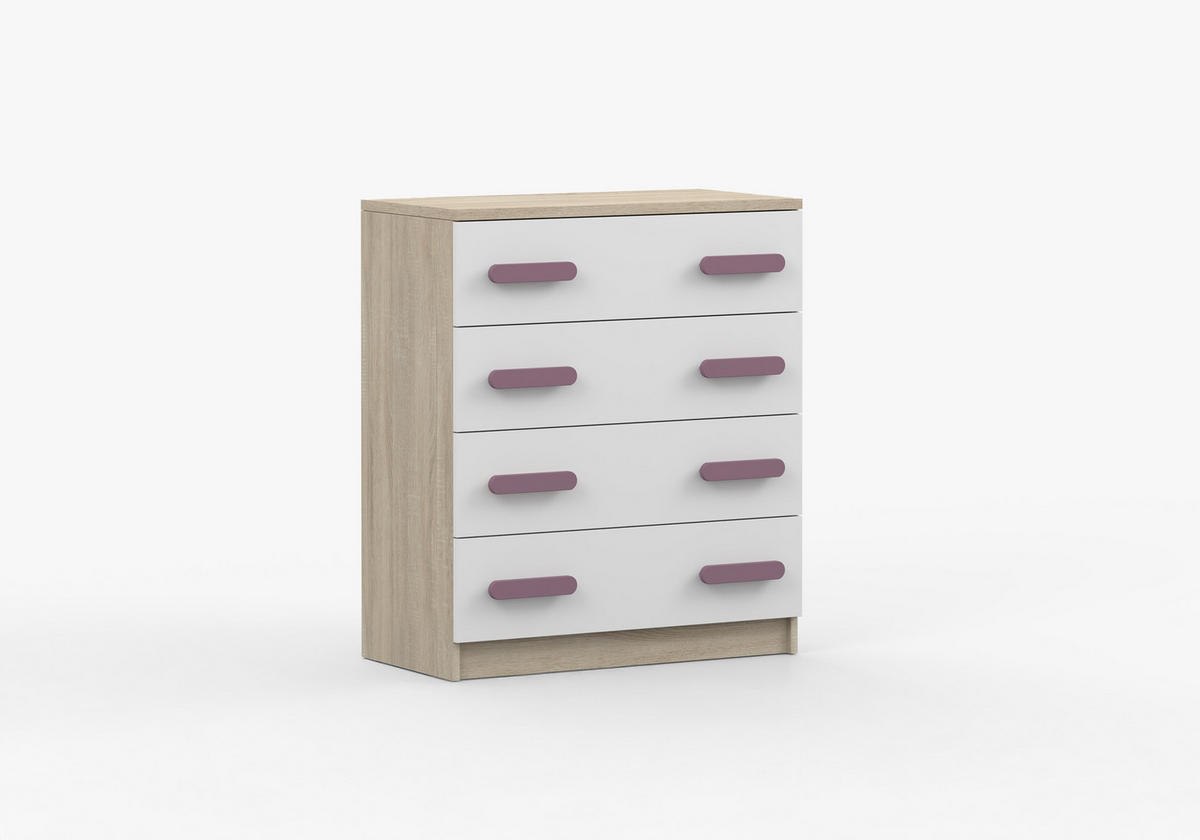 JUGENDZIMMER Elora in Eiche und Weiß – 4-teiliges Set mit Schreibtisch, Kommode, Wandregal und Schrank – Grifffarbe Erika - Braun, Holzwerkstoff (80/200/120cm)