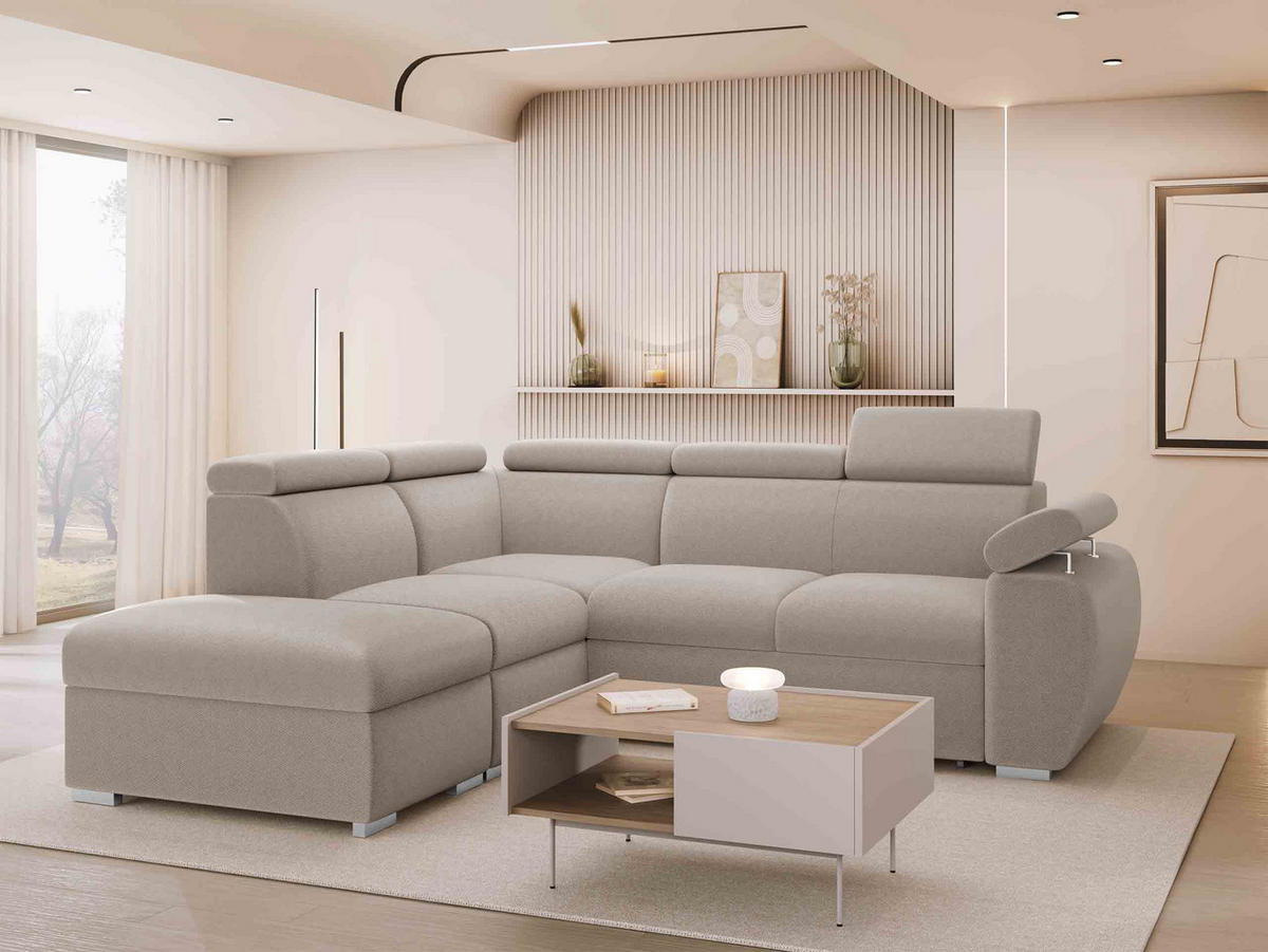 ECKSOFA Boston 2RR1P, Seite: Links PUFAP+R+1P(65)+2R - Silberfarben/Naturfarben, Holz/Textil (260/230cm) - MIRJAN24