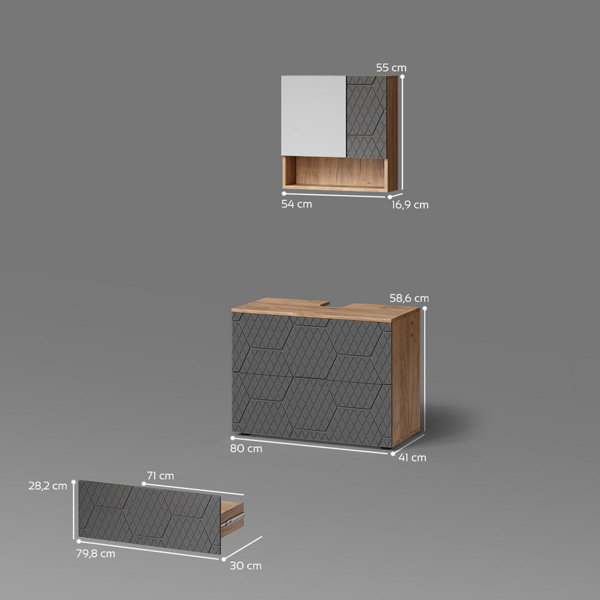 BADMÖBEL-SET Ronco Anthrazit gestreift 2 Teile - Anthrazit/Eiche Wotan, Holzwerkstoff (80/58/41cm) - Livinity®