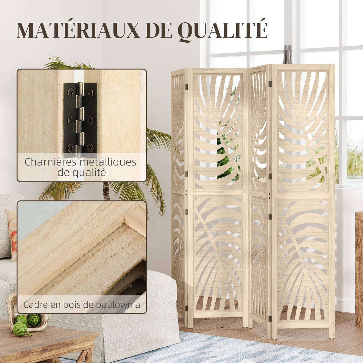 PARAVENT DE-14293 4-teilig, abnehmbare Segmente, Palmblatt-Motiv Natur - Naturfarben, Holz (160/170/1.7cm) - ComfortXL