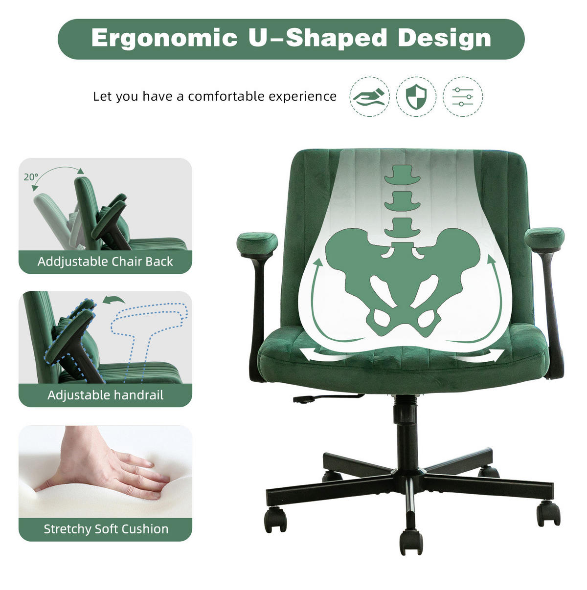 BÜROSTUHL höhenverstellbar mit klappbaren Armlehnen Stoff Green - Grün, Kunststoff (25.2/33/21.5cm) - Meubliv