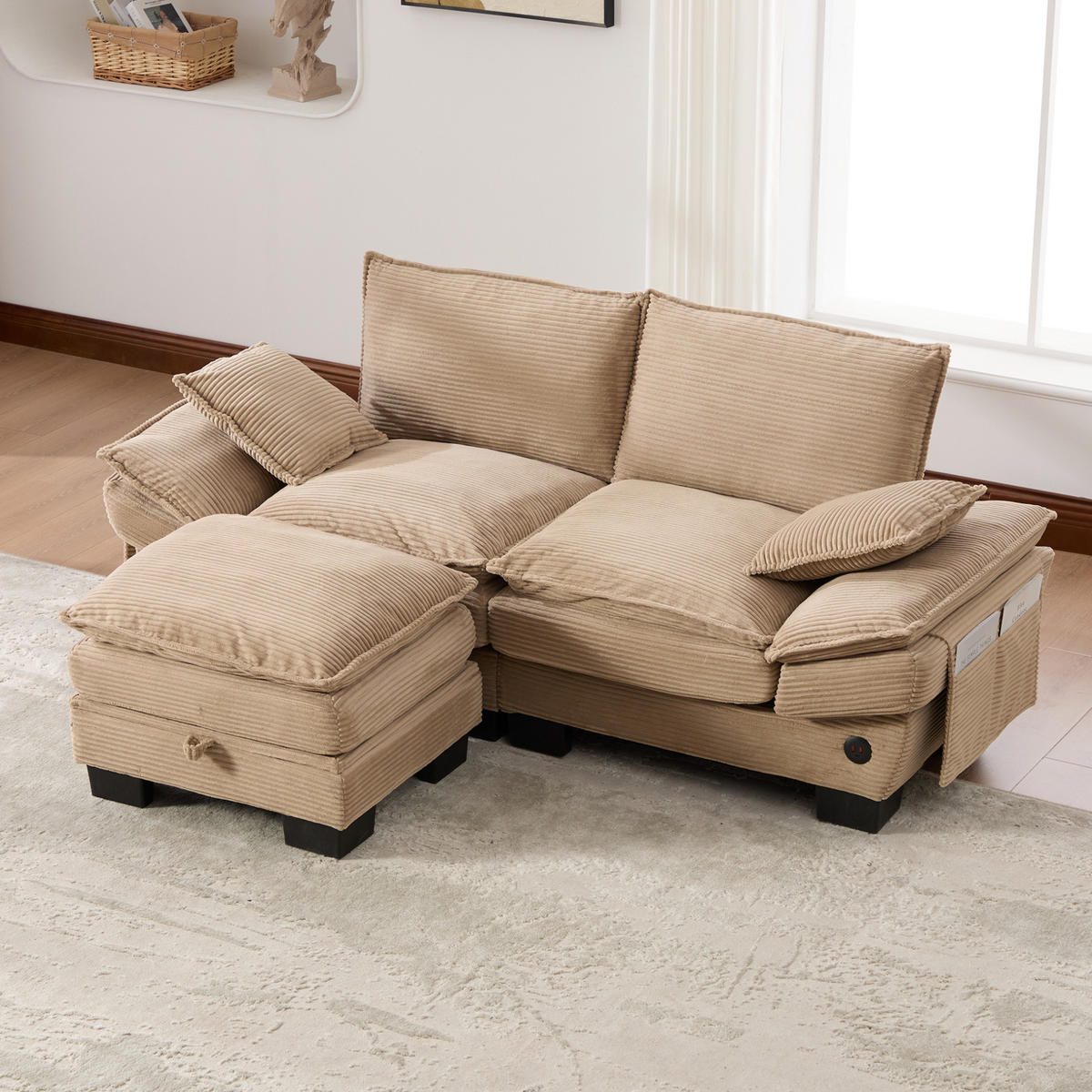 ECKSOFA aus Corduroy 190x132x84 cm in Beige mit Hocker & USB-C - Beige, Textil (132/190cm) - Modfu
