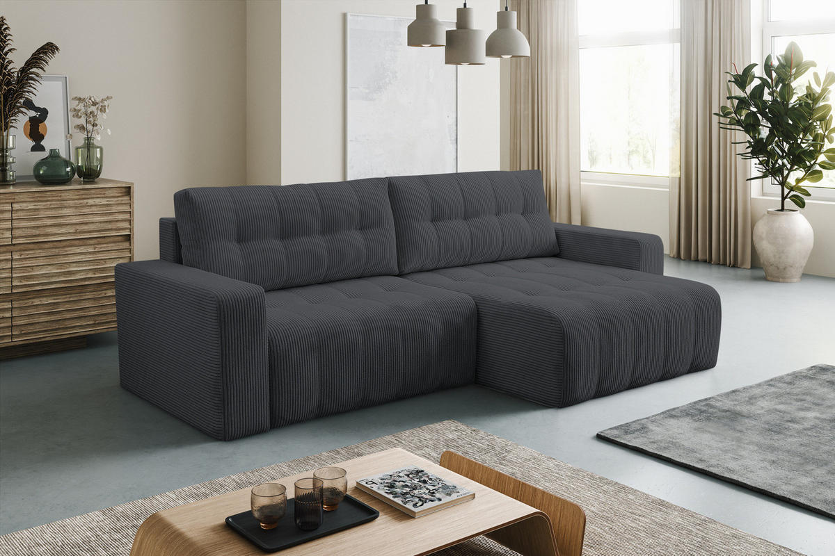 ECKSOFA Palermo mit Schlaffunktion und Bettkasten in Cordstoff - Dunkelgrau, Holz/Holzwerkstoff (245/143cm) - Ravio