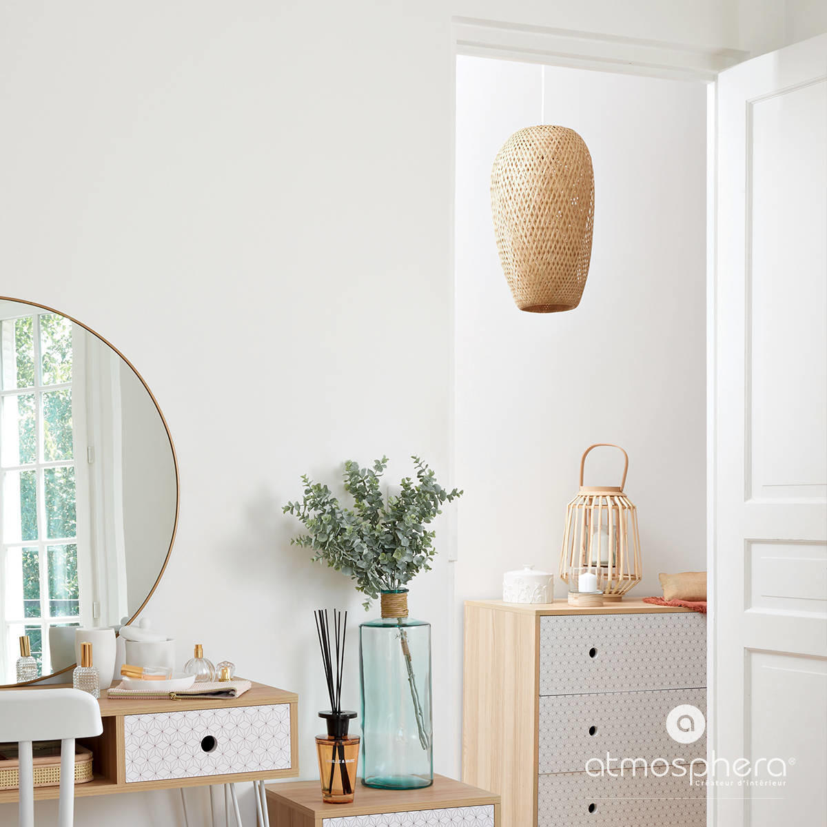 RATTAN-LATERNE H Natural 25/25/35 cm - Braun, Holz (25/35/25cm) - Atmosphera Createur d´interieur