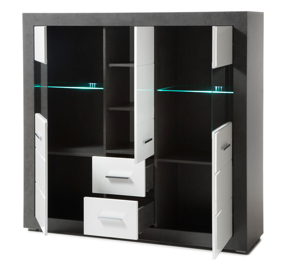 HIGHBOARD weiß Hochglanz, grau Stone 149 cm, Vitrine mit viel Stauraum - Chromfarben/Weiß Hochglanz, Glas/Holzwerkstoff (149/142/42cm) - Furn.Design