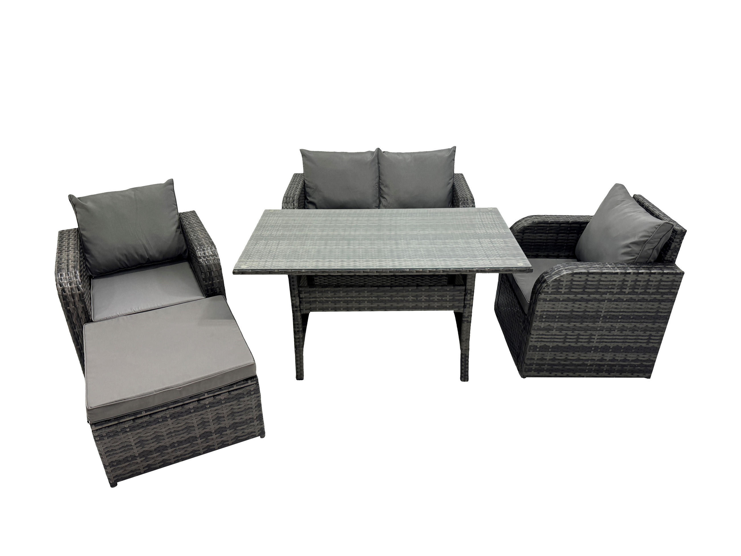 GARTENMÖBEL SET mit Zweisitzer Polyrattan 5-Sitzer - Dunkelgrau/Grau, Glas/Kunststoff - Fimous