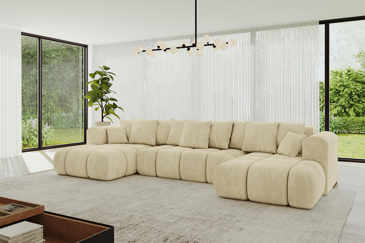WOHNLANDSCHAFT Ottomane Links CLOUD-U-v1 414x180x40 Beige Velours - Beige, Holzwerkstoff/Kunststoff (414/90/180cm) - ALTDECOR