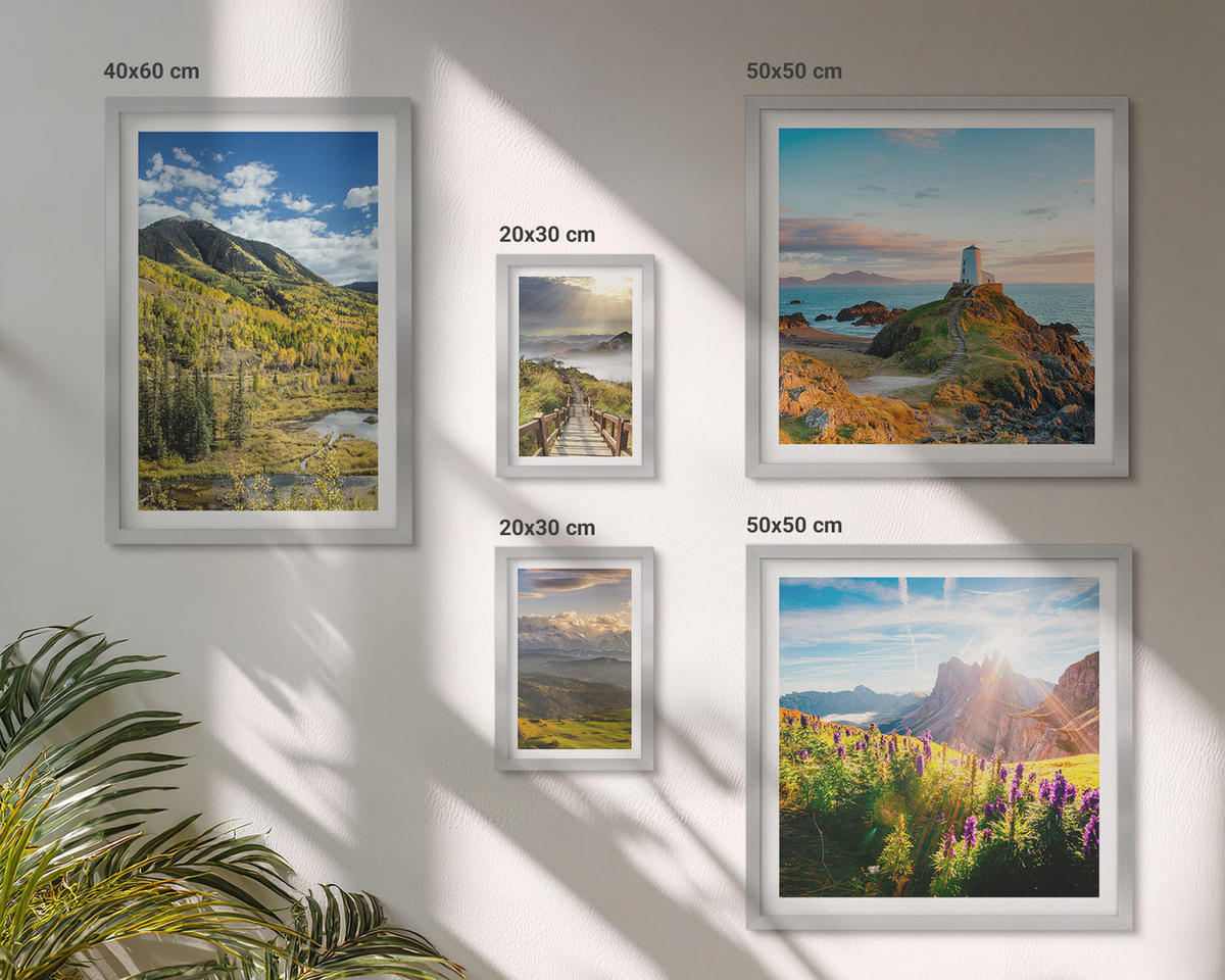 BILDER SET 5er Set - 50x50 cm & 20x30 cm & 40x60 cm Silberner Rahmen - Berglandschaften Wasserfall - Silberfarben, Kunststoff (40/60cm) - TULUP