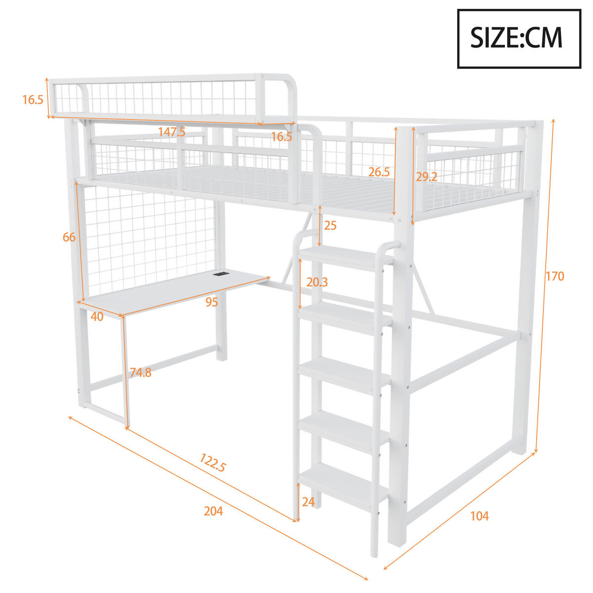 HOCHBETT 90/200 cm in Weiß mit Schreibtisch, LED, Steckdose und Ablage Metall modern - Weiß, Holzwerkstoff/Metall (90/200cm) - STILVORA