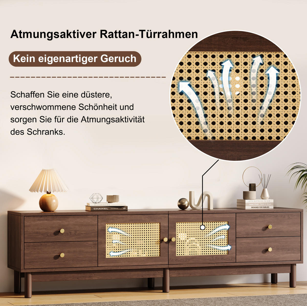 LOWBOARD 180/35/44 cm Braun aus Holzwerkstoff mit Rattantüren und Kabelmanagement - Rotbraun, Holzwerkstoff (35/44/180cm) - OKMYHOME