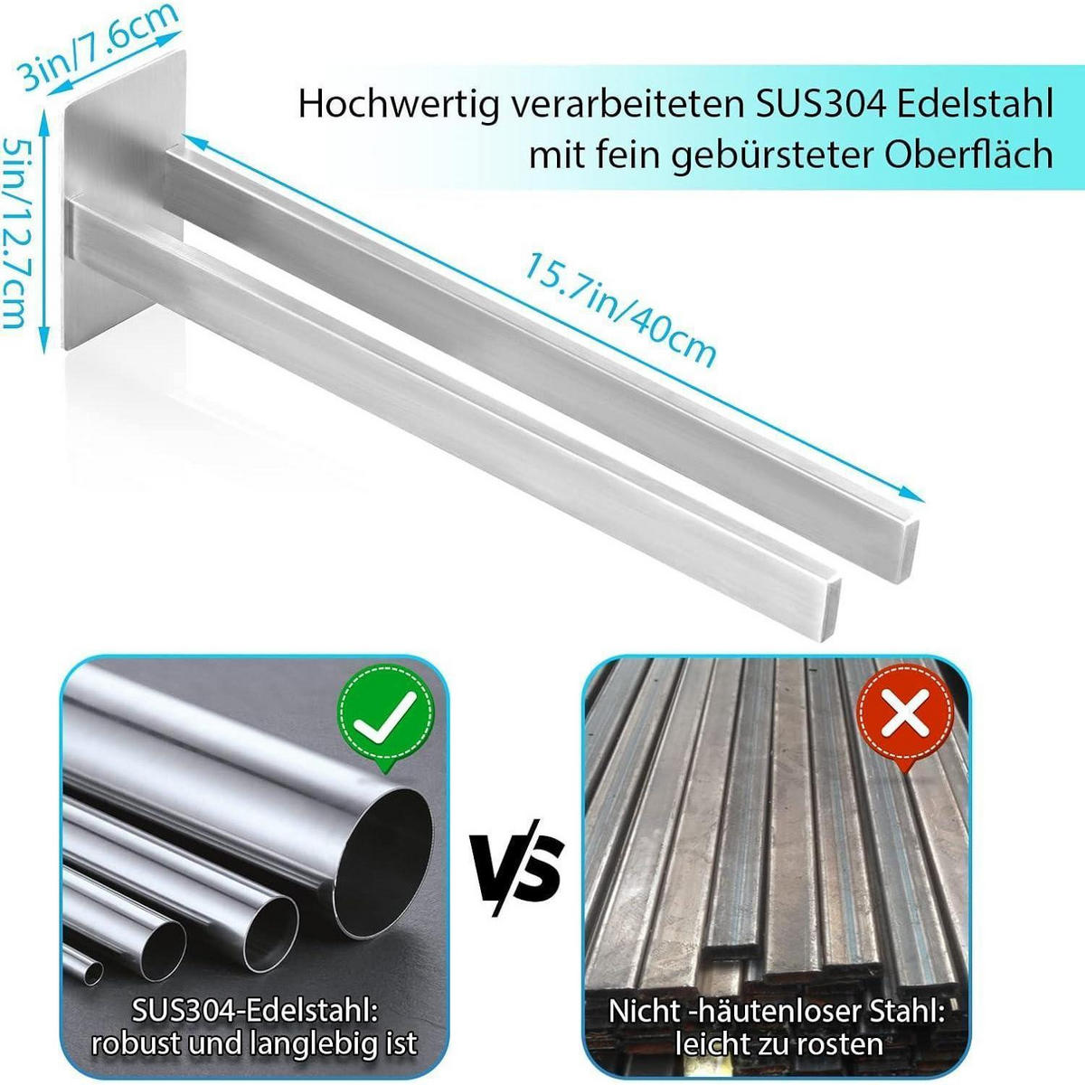 HANDTUCHSTANGE ohne Bohren 39 cm Edelstahl Gebürstet - Silberfarben, Metall (8/39/13.8cm)