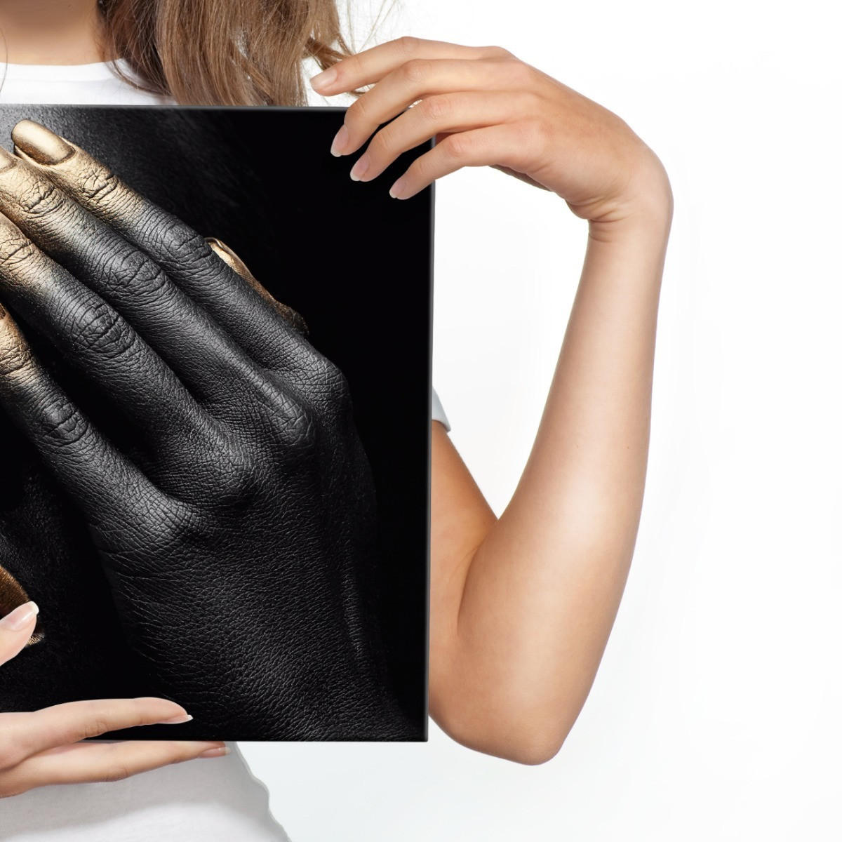 LEINWANDBILD Abstrakt Frau Gesicht goldenes Mund Finger 120/80 cm - Schwarz/Weiß, Textil (120/80cm) - Muralo