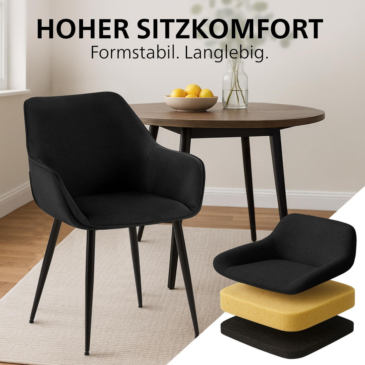ARMLEHNENSTUHL Stoff Schwarz - Schwarz, Textil/Metall (52/82/63cm) - CLP