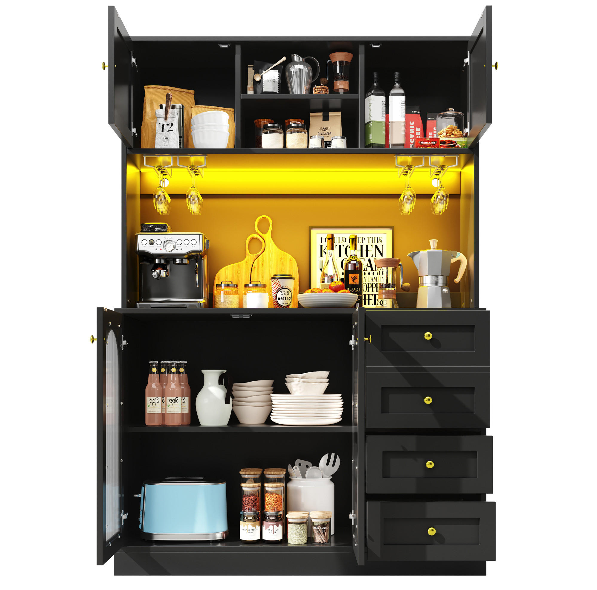 BUFFETSCHRANK 120/40/188 cm schwarz aus MDF mit LED-Lichtleiste - Schwarz, Holzwerkstoff (120/188/40cm) - OKWISH